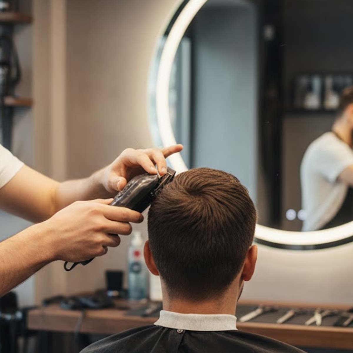 Un coiffeur coupe les cheveux d'un homme avec une tondeuse dans un salon.