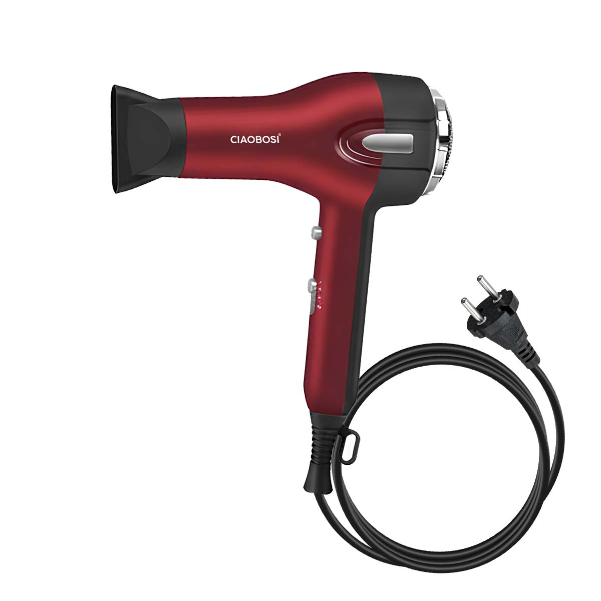 Ein roter Haartrockner mit schwarzem Kabel und Stecker auf weißem Hintergrund.
