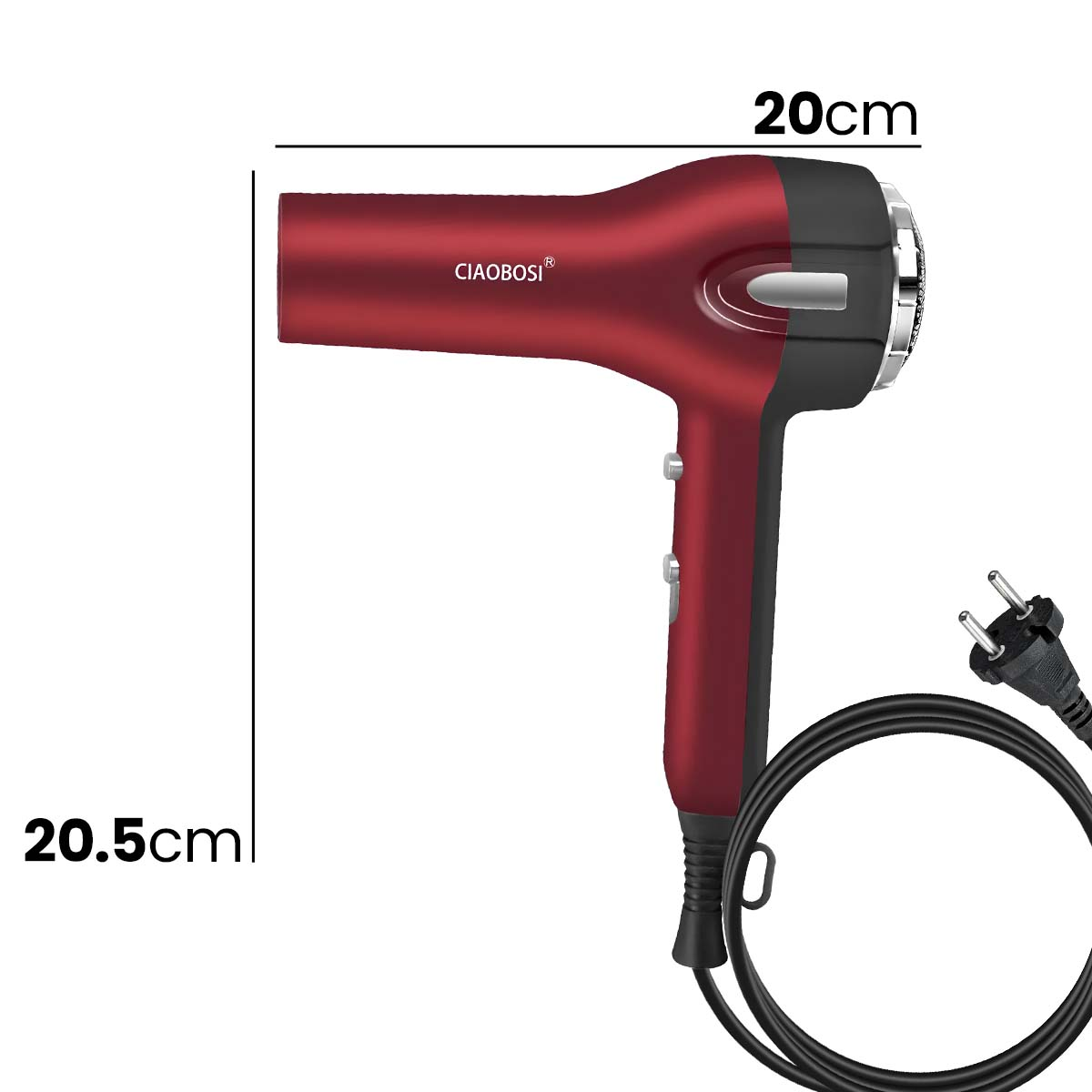 Ein roter Haartrockner mit schwarzem Griff und Kabel, 20cm und 20.5cm Markierungen.