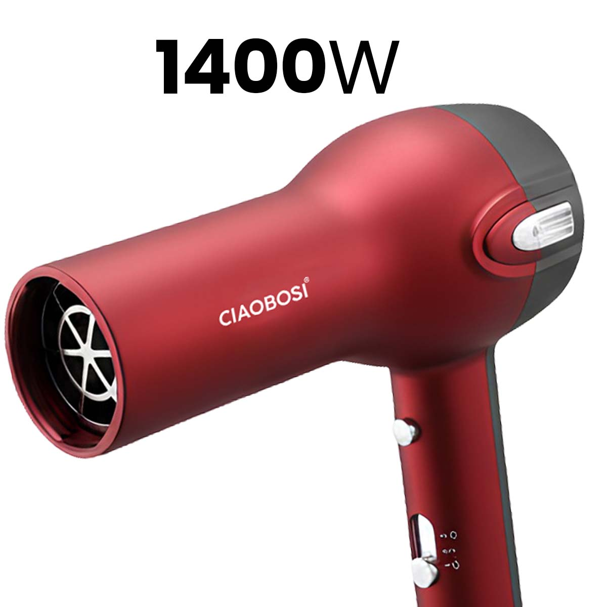 Ein roter Haartrockner mit 1400W und dem Markennamen CIAOBOSI.