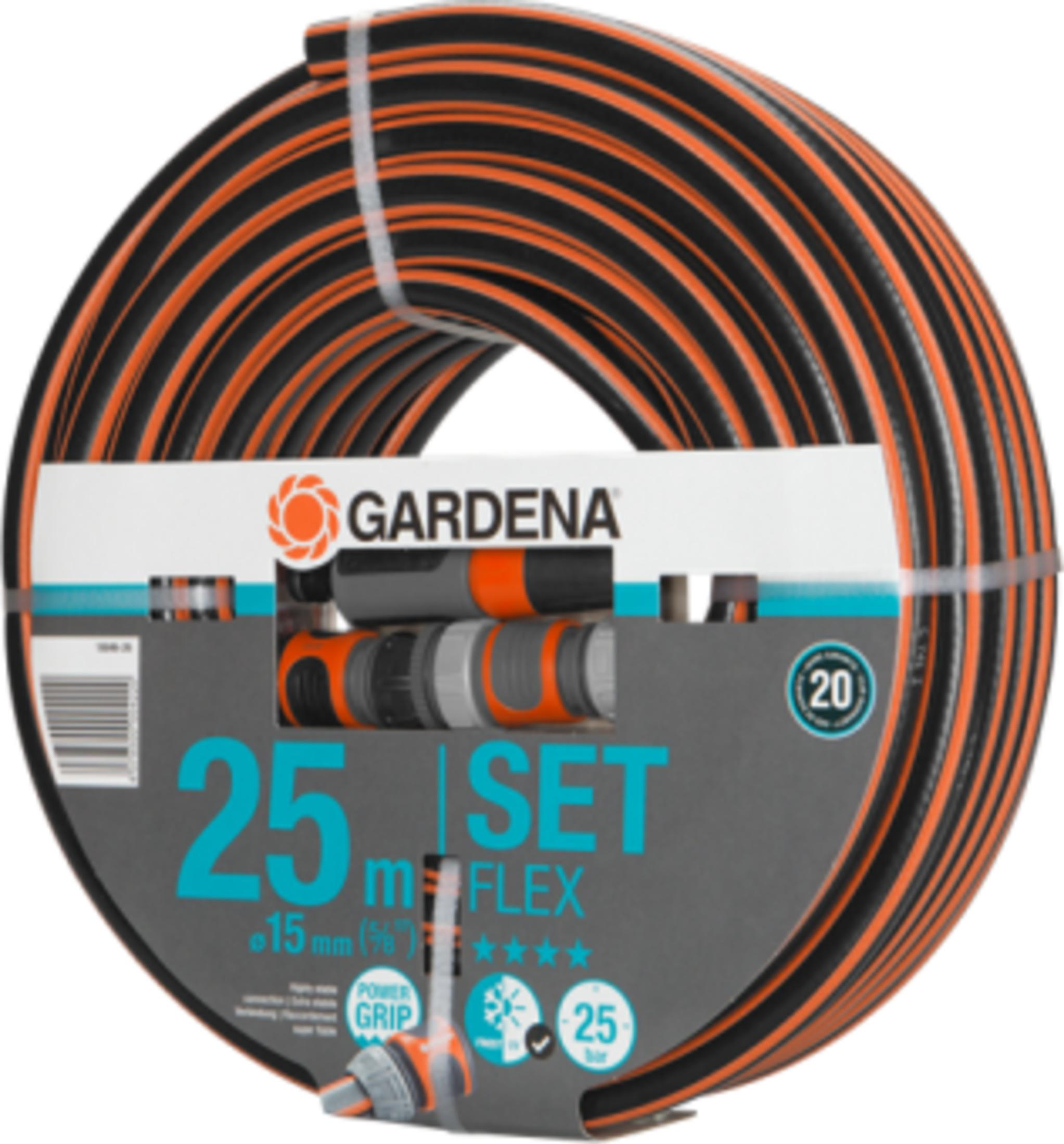 Gartenschlauchset von Gardena: 25m lang, 15mm Durchmesser, 25 bar Druck.