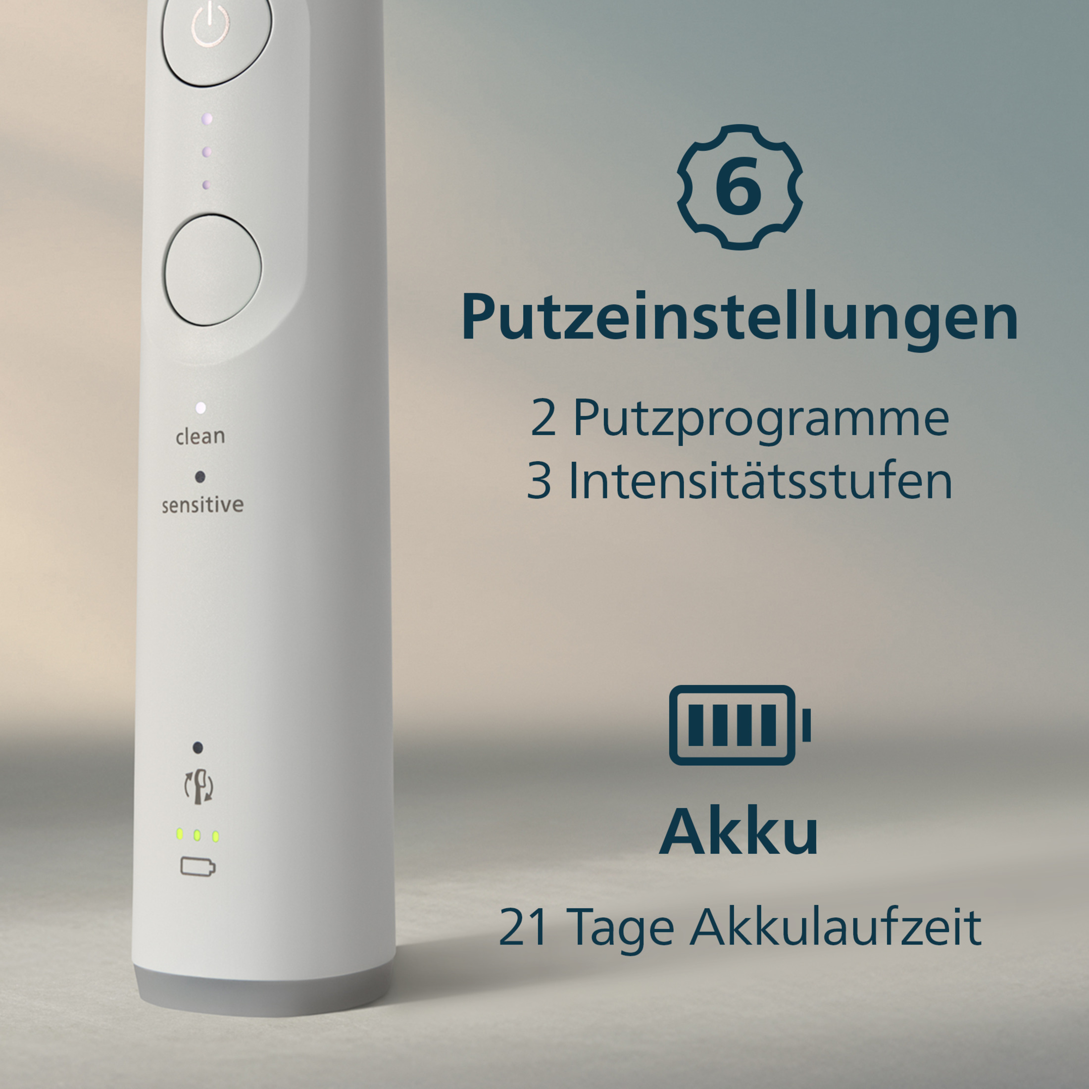 Elektrische Zahnbürste mit 6 Putzeinstellungen, 2 Programmen, 3 Intensitäten und 21 Tage Akkulaufzeit.