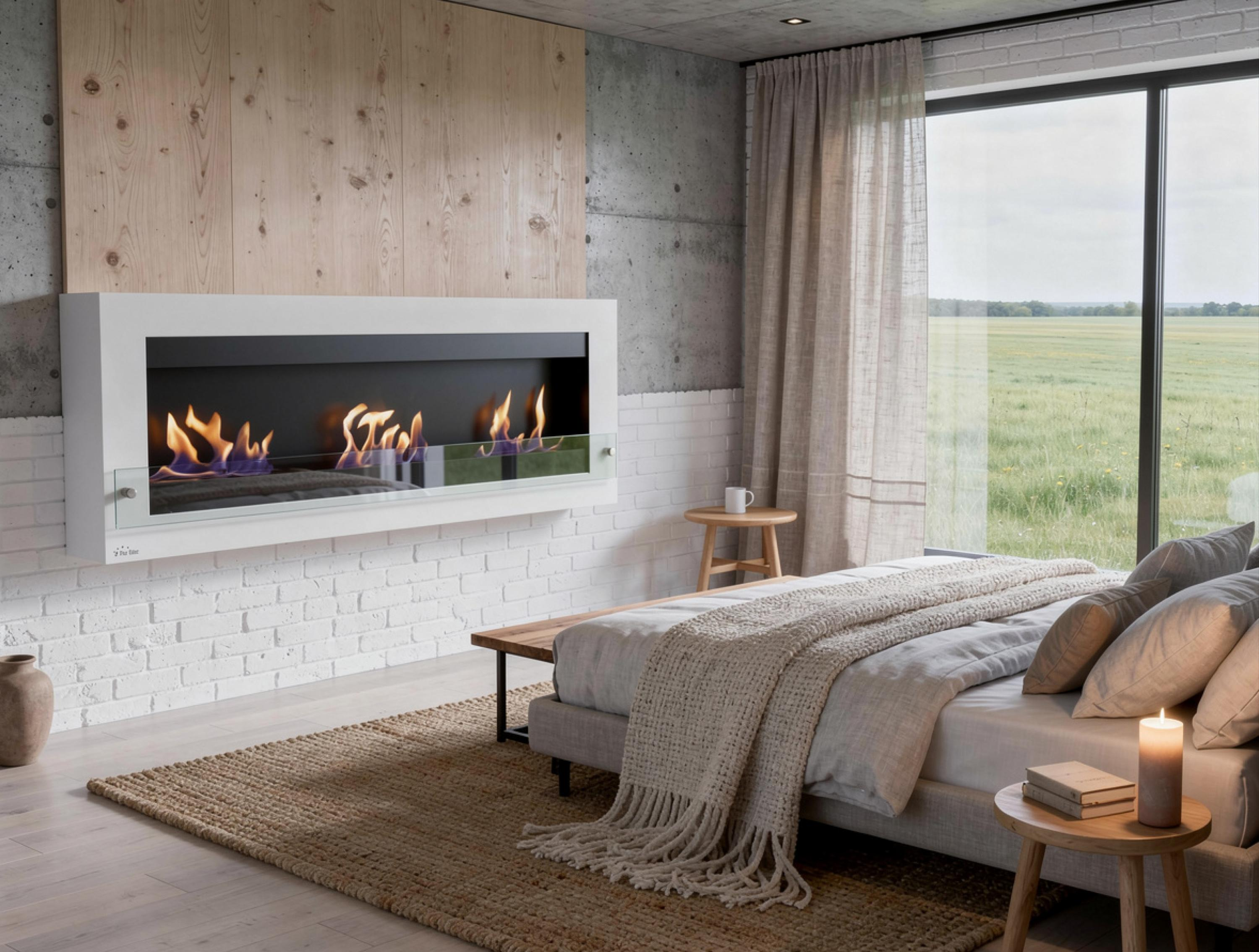 Ein Schlafzimmer mit Kamin, Bett und großem Fenster mit Blick auf ein Feld.