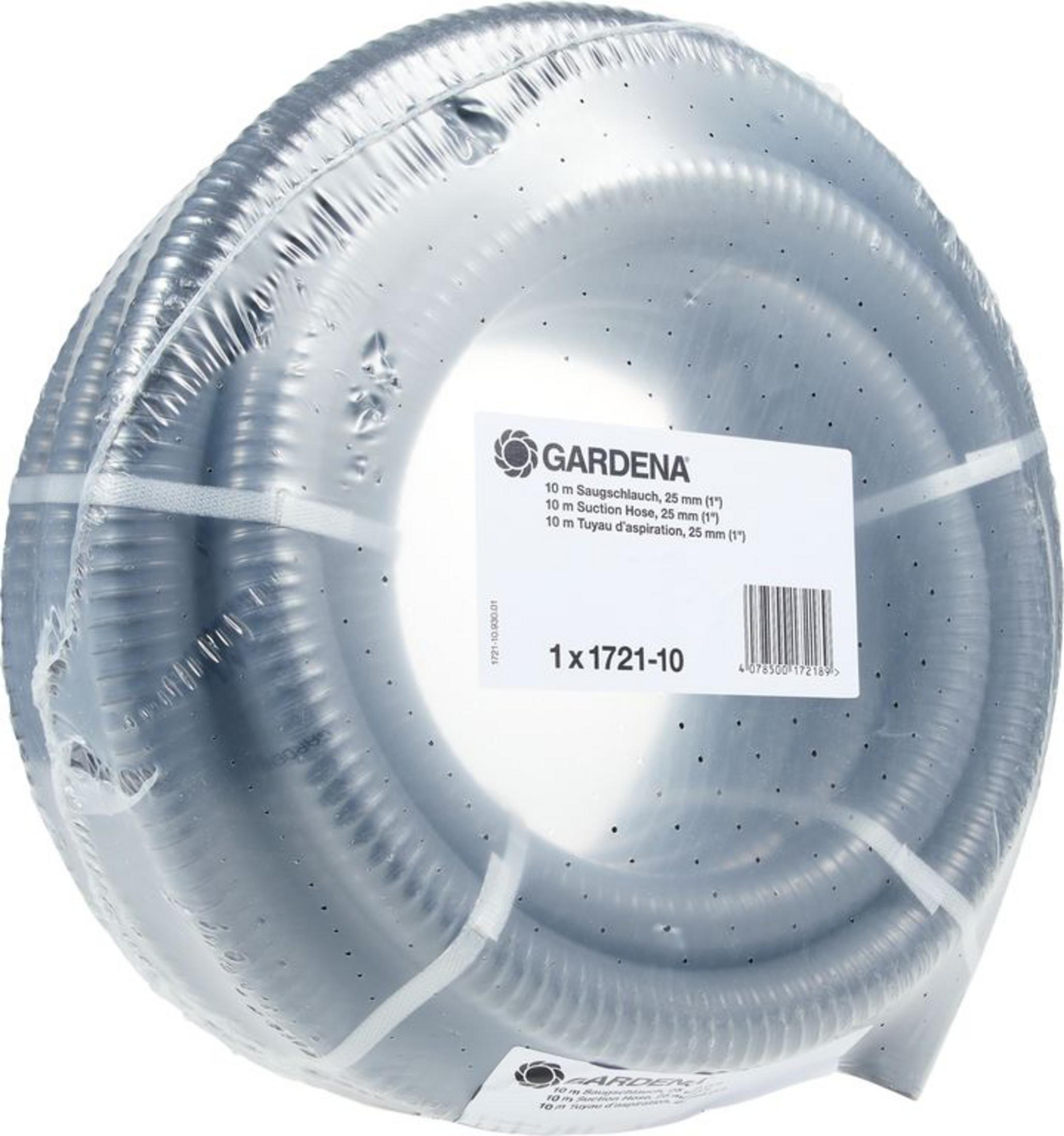 Ein grauer, gewellter Gartenschlauch von GARDENA, 10m lang, 25mm breit.