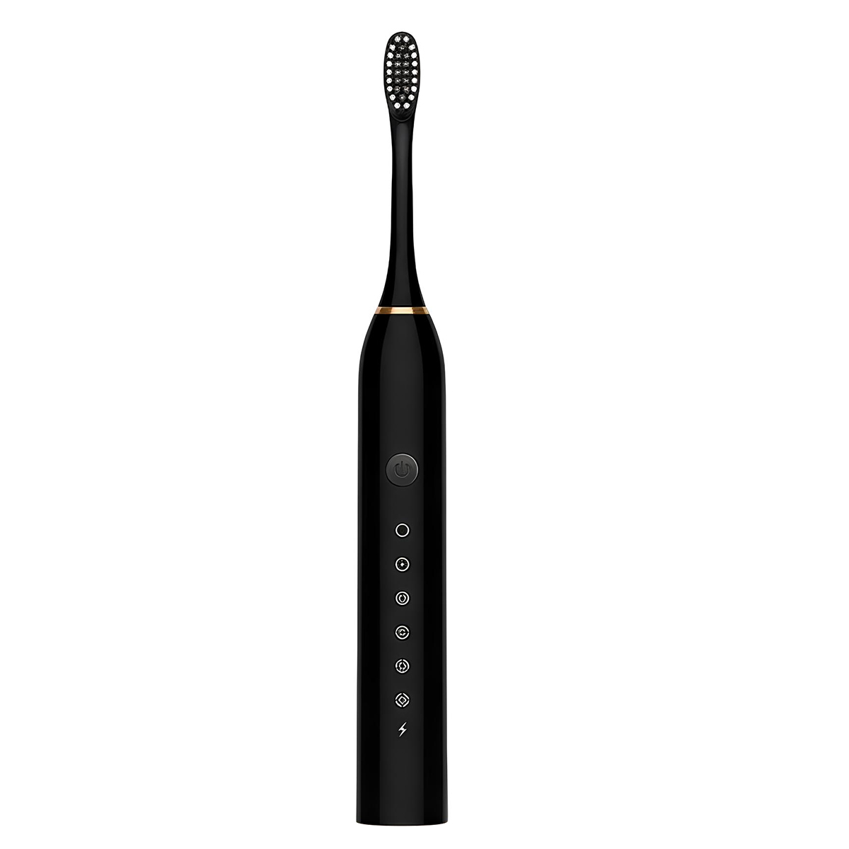 Cepillo de dientes eléctrico negro con anillo dorado e indicador de carga.