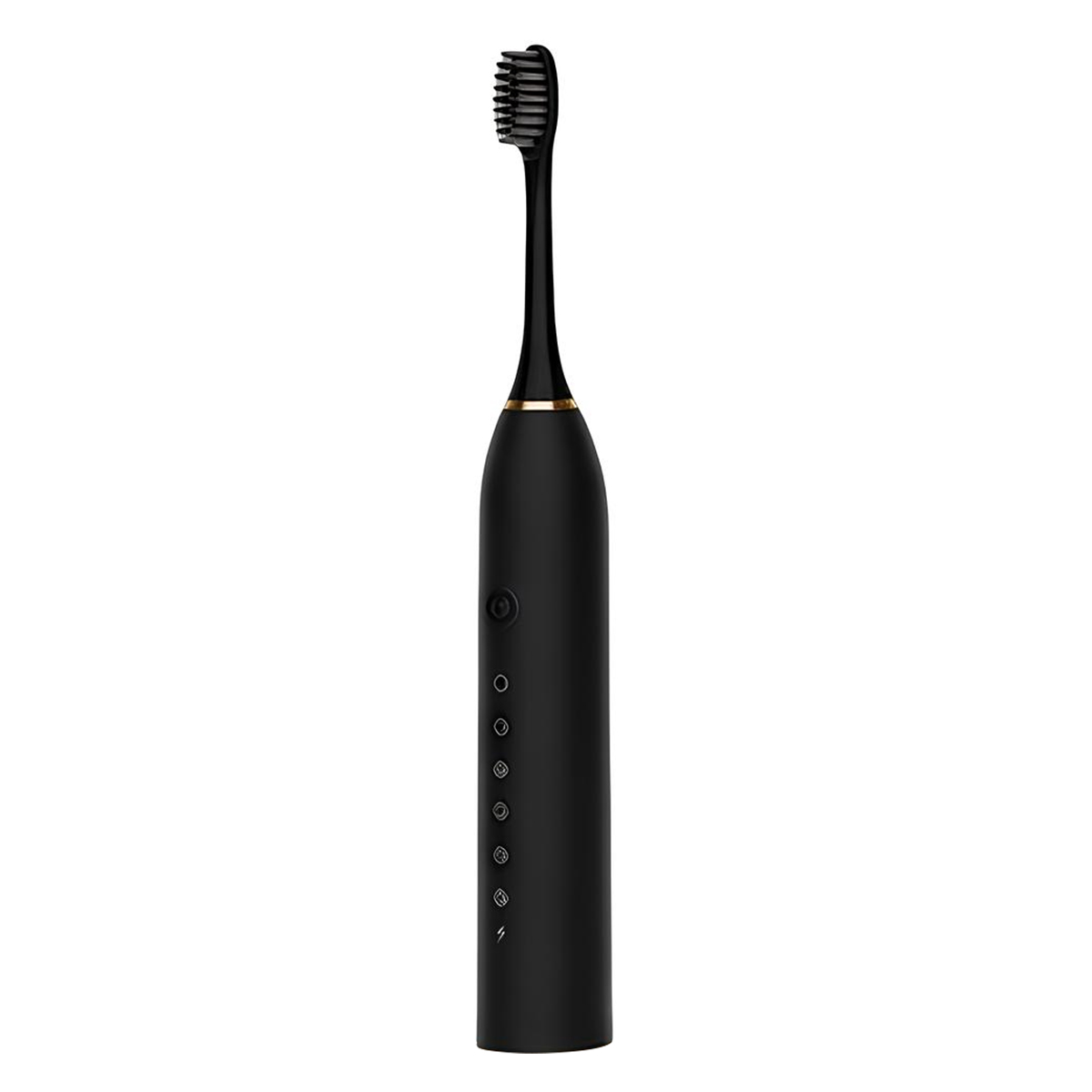 Un cepillo de dientes eléctrico negro con anillo dorado en el cuello y botones.