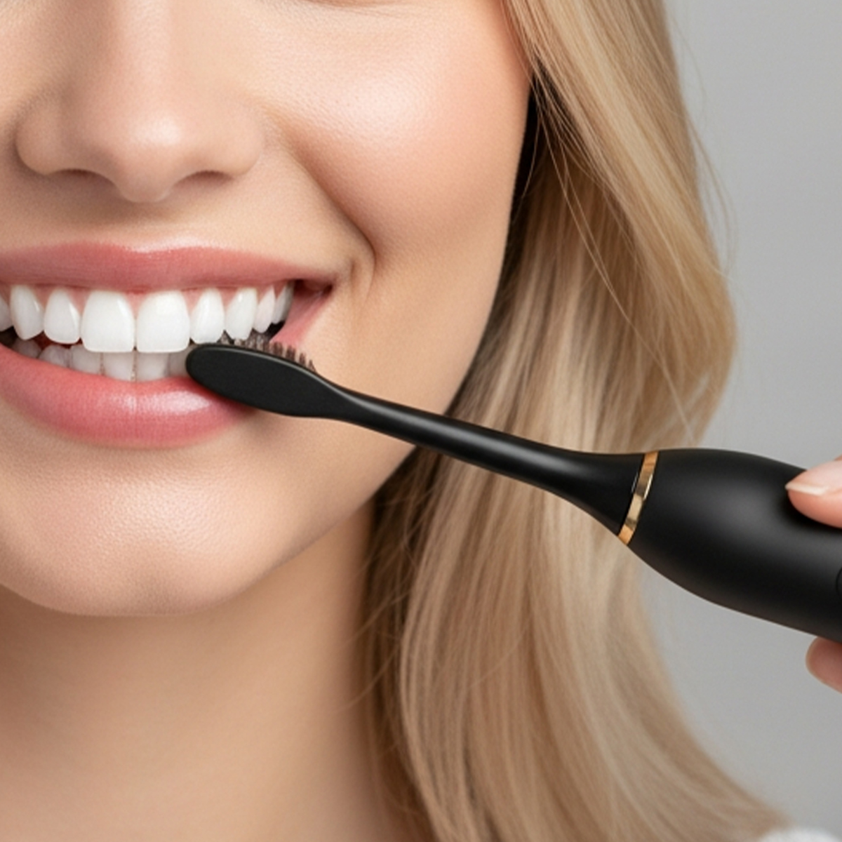Una mujer se cepilla los dientes con un cepillo de dientes eléctrico negro.