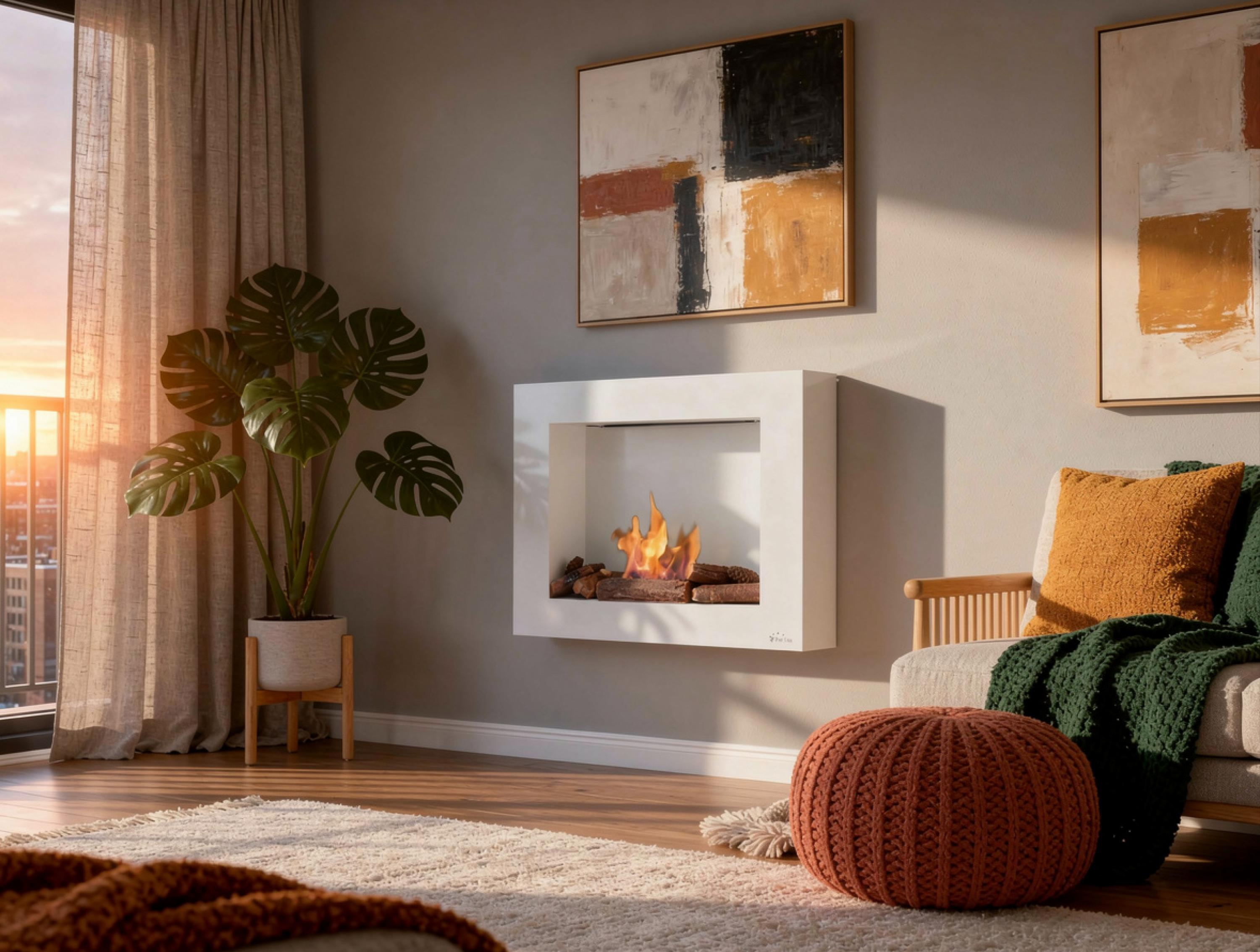 Modernes Wohnzimmer mit weißem Kamin, Kunst und großer Pflanze.
