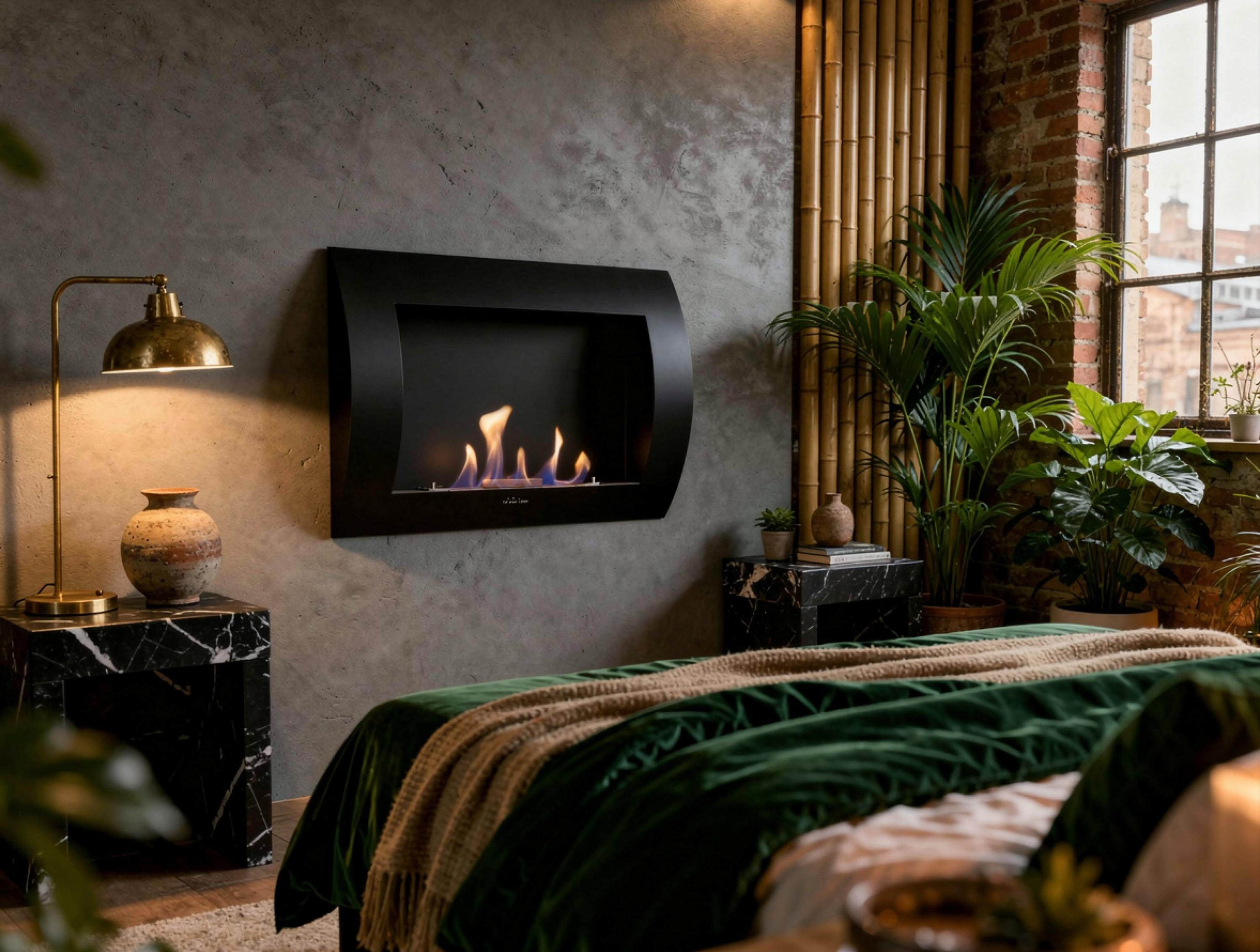 Ein modernes Schlafzimmer mit einem Bett, einem Kamin und Pflanzen.