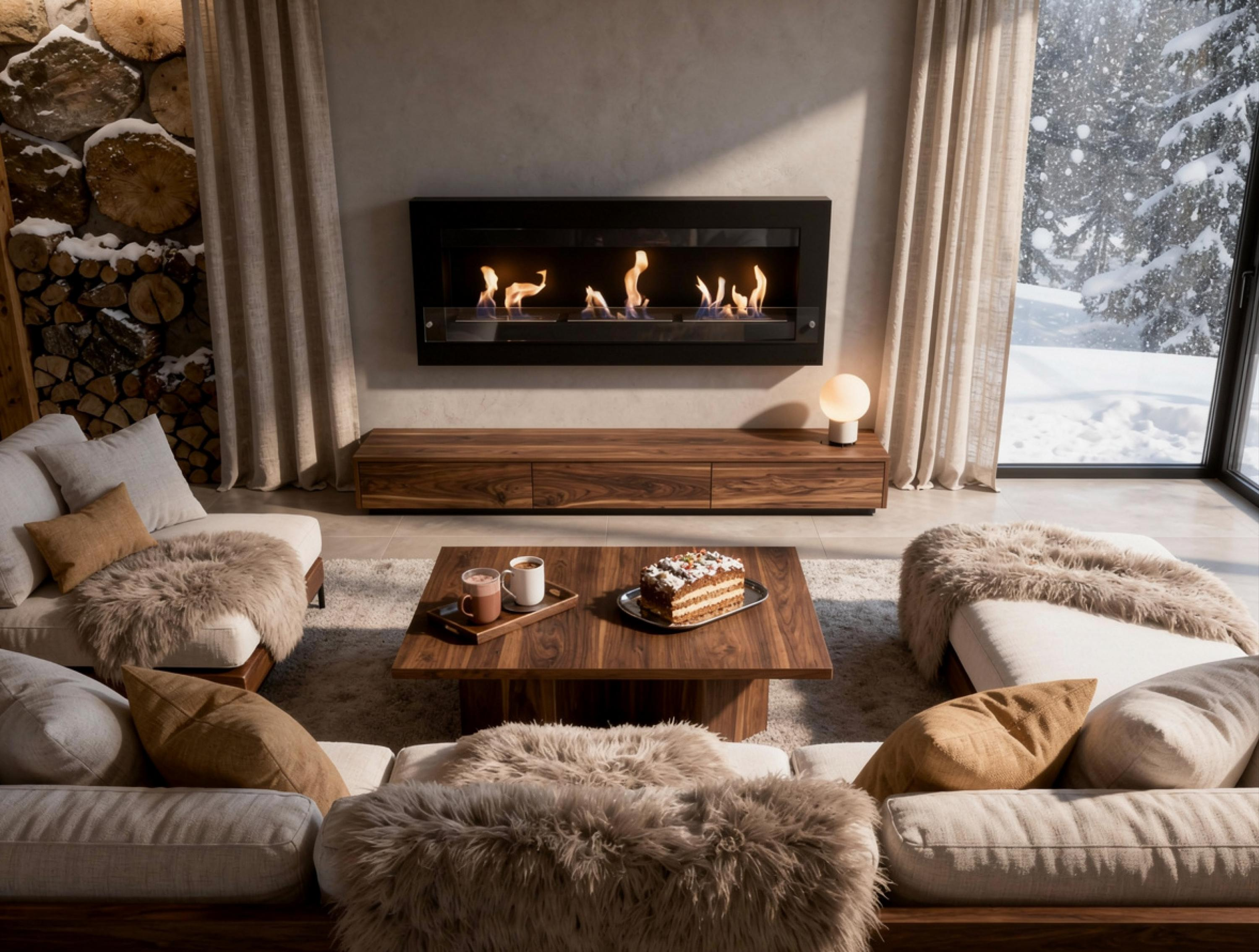 Gemütliches Wohnzimmer mit Kamin, Couchtisch mit Kuchen und heißen Getränken, Blick auf verschneiten Wald.