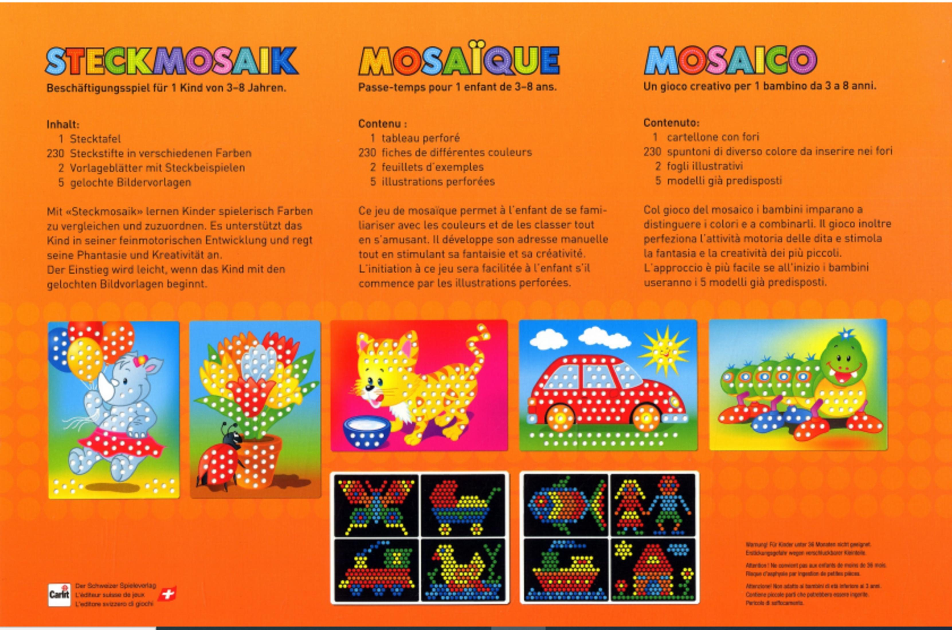 Confezione giocattolo con immagini di set per mosaico: rinoceronte, fiori, gatto, auto, bruco, farfalla, passeggino, treno, barca, casa, anatra.