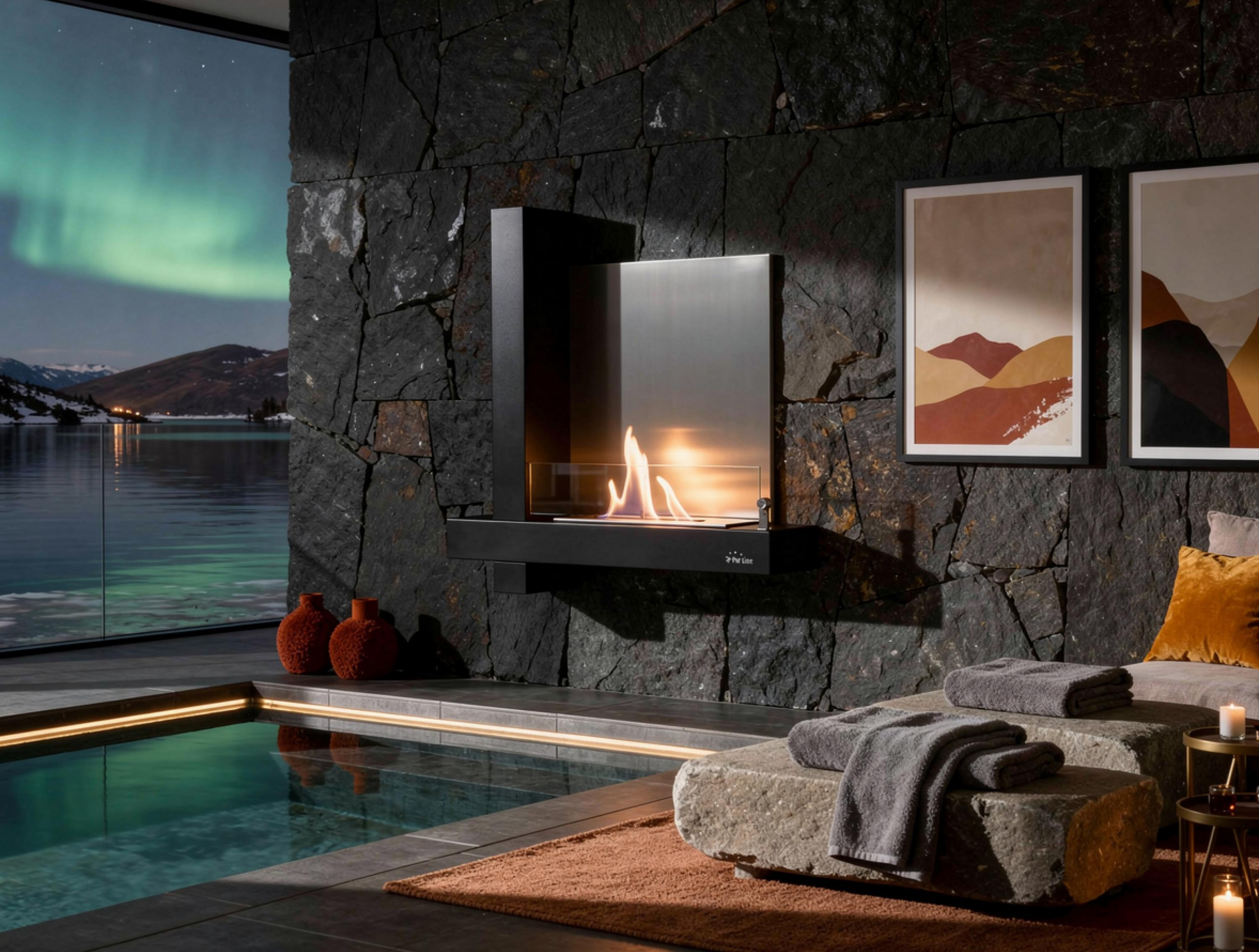 Espacio interior con piscina, chimenea, arte y aurora boreal sobre lago.