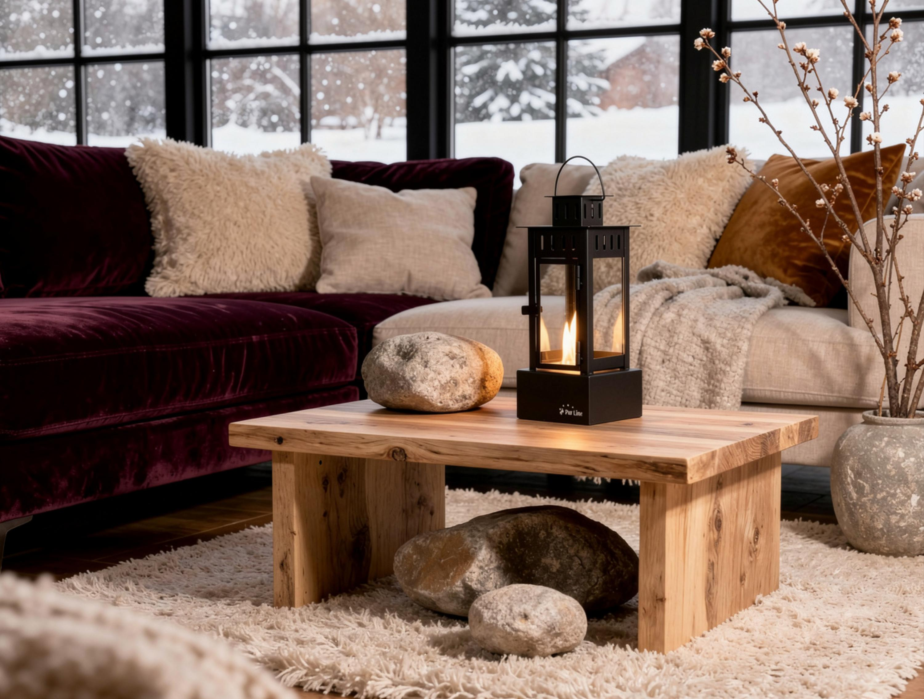 Una sala de estar con sofá, mesa de centro, linterna y piedras durante la nevada.