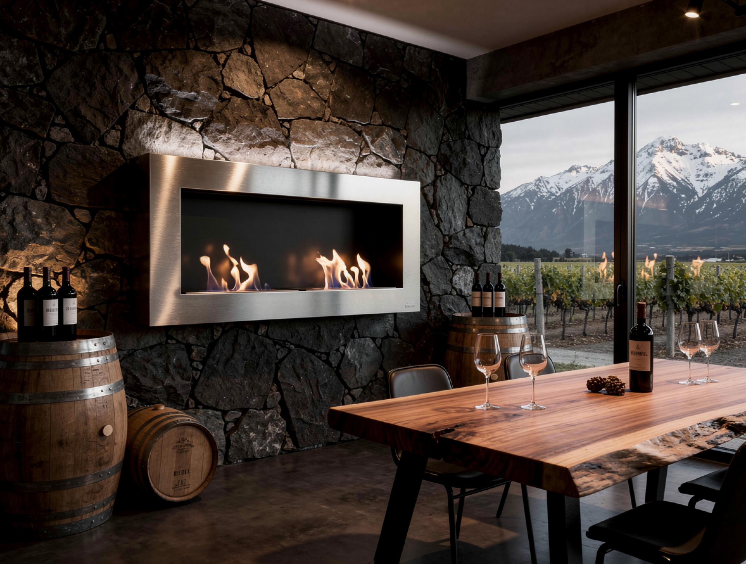 Ein moderner Kamin über Holzfässern mit Weinflaschen, Blick auf Weinberge und Berge.