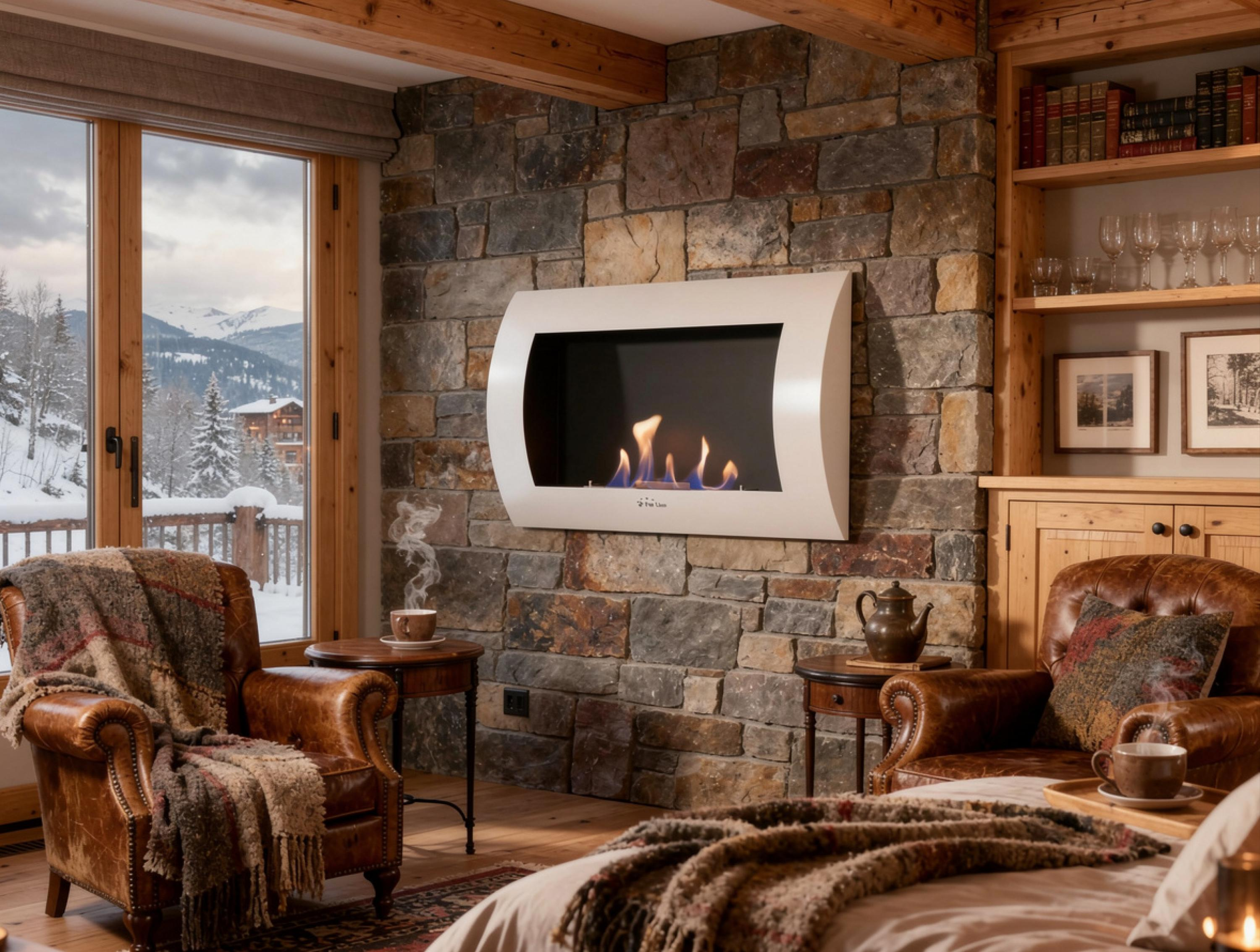 Gemütliches Wohnzimmer mit Steinfachwerk, Kamin, Ledersesseln und Blick auf verschneite Berge.