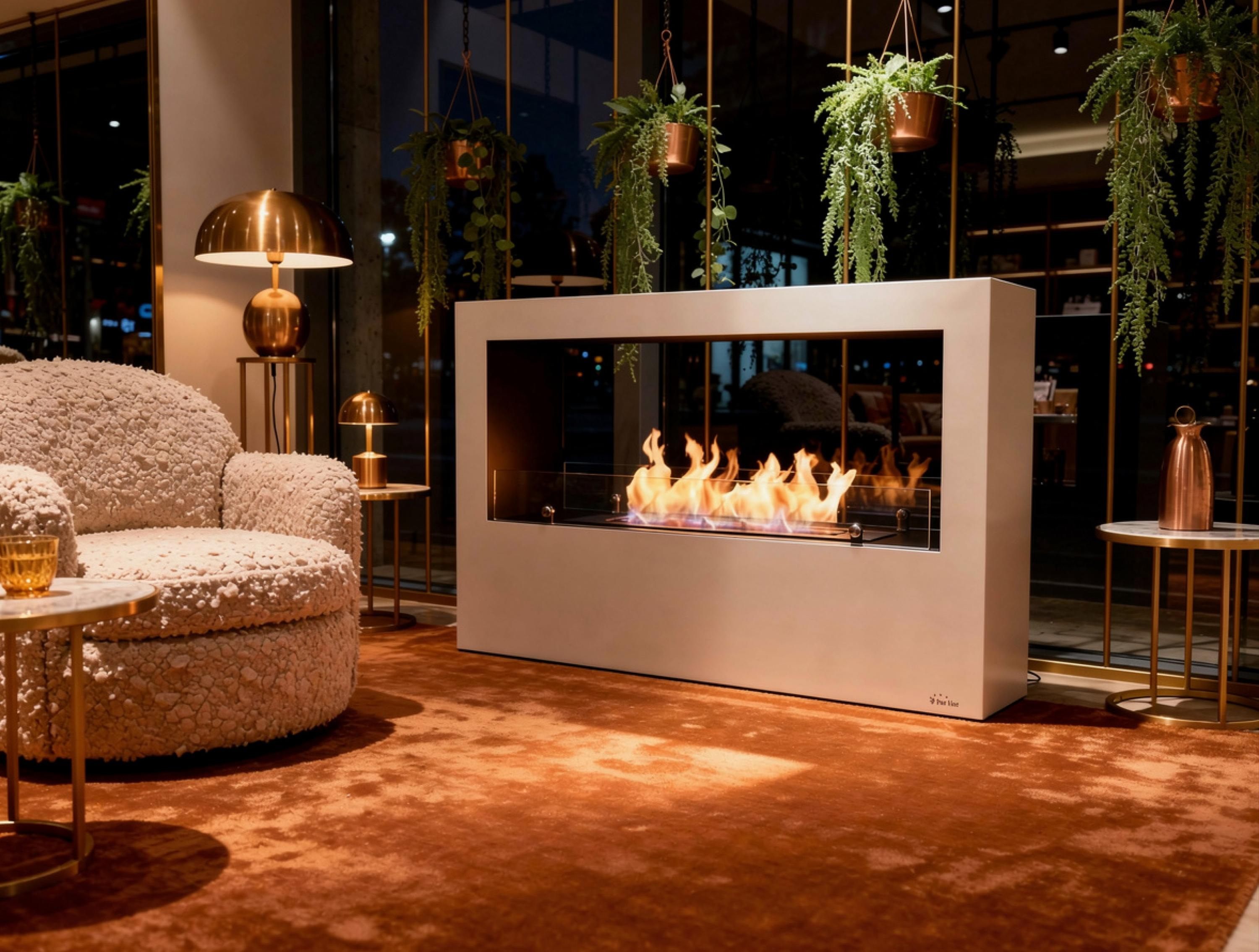 Una chimenea moderna con llamas junto a un sillón crema sobre una alfombra naranja.