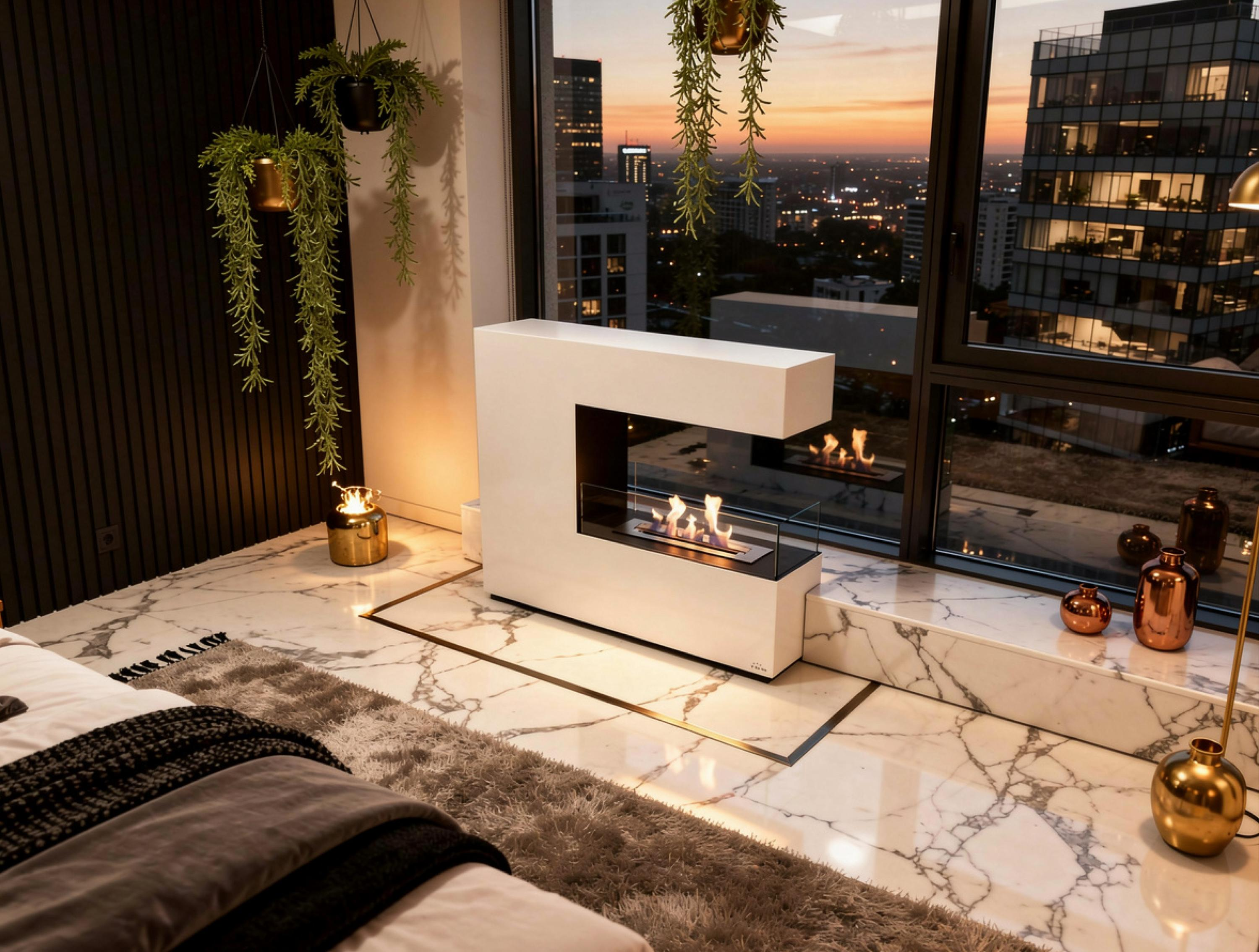 Sala moderna con chimenea, vista a la ciudad al atardecer.