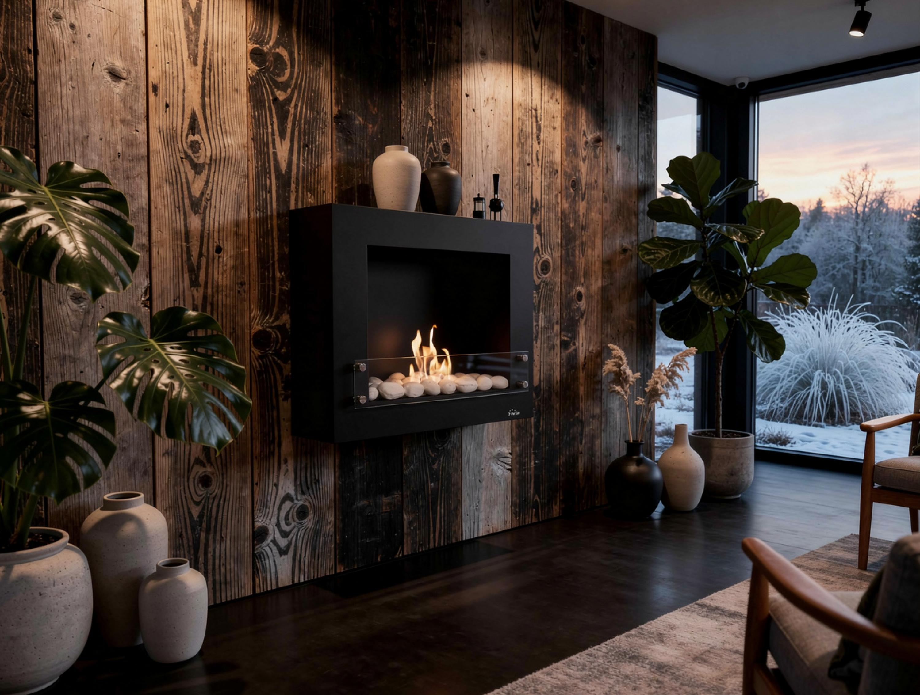 Ein moderner Kamin mit Flammen vor Holzwand, Pflanzen & Winterlandschaft.