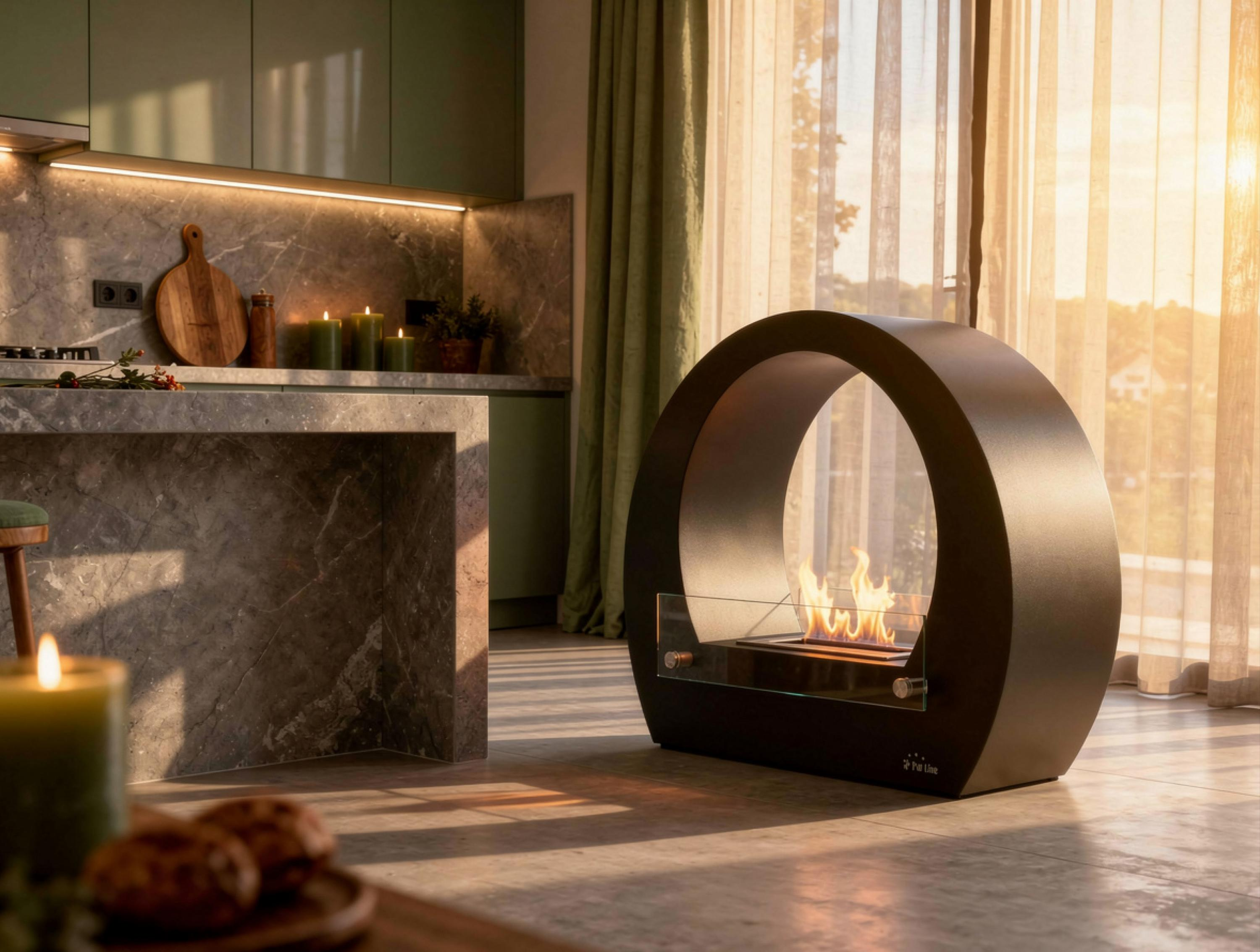 Una chimenea moderna con llamas se sienta en un suelo alicatado junto a una cocina.