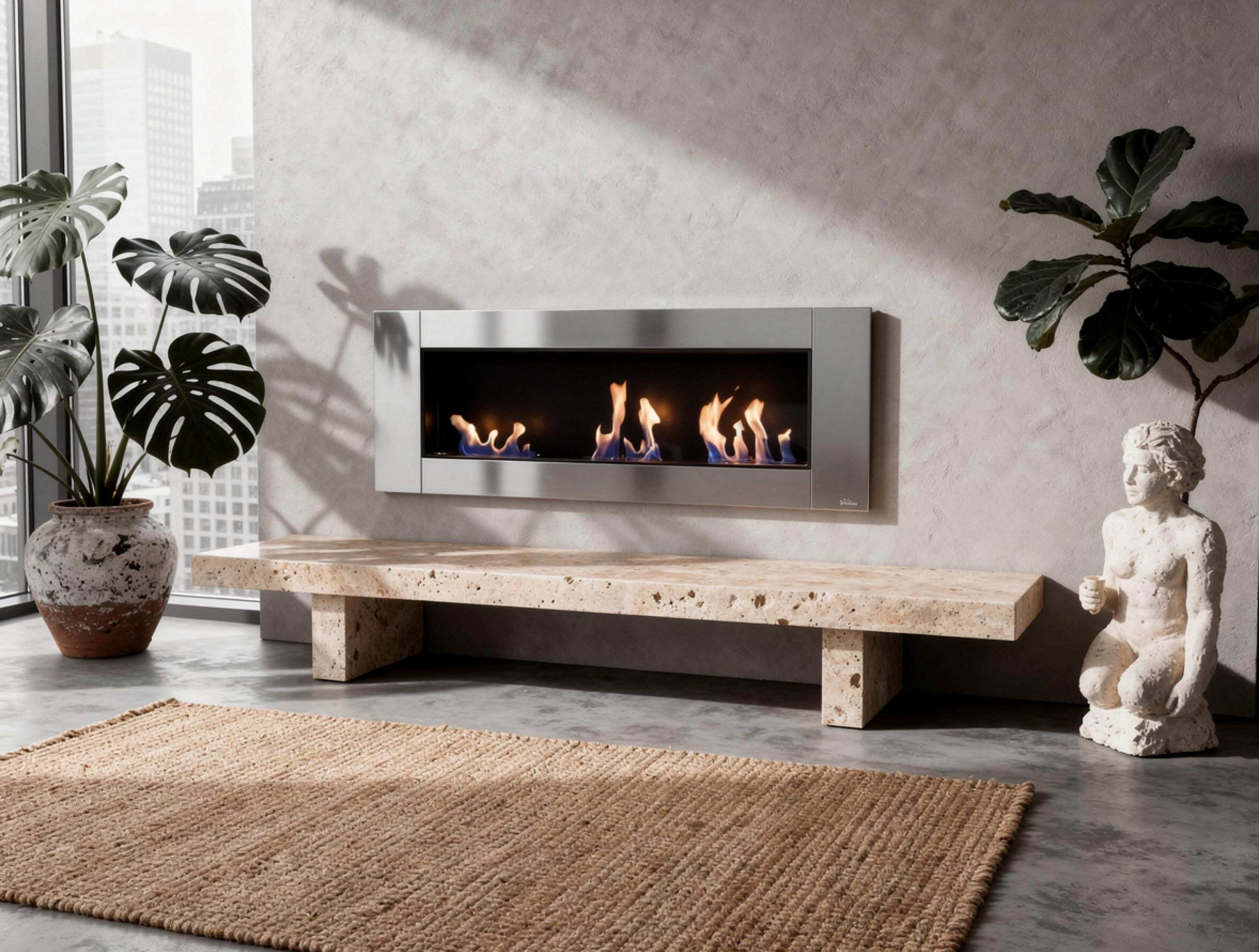 Ein modernes Wohnzimmer mit Kamin, Skulptur und Pflanzen.