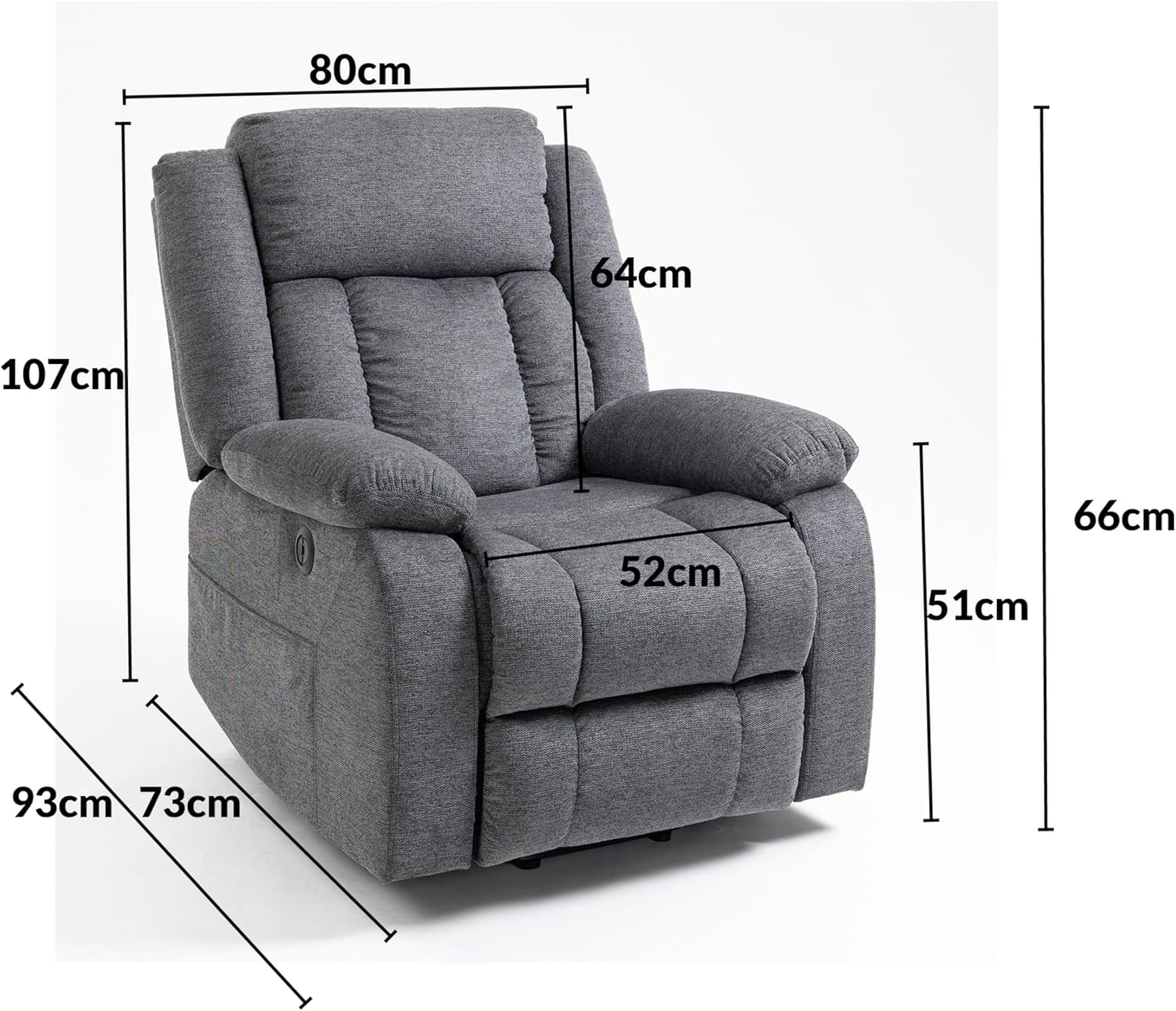 Sillón reclinable gris con dimensiones: Al 107cm, An 80cm, Pr 93cm.