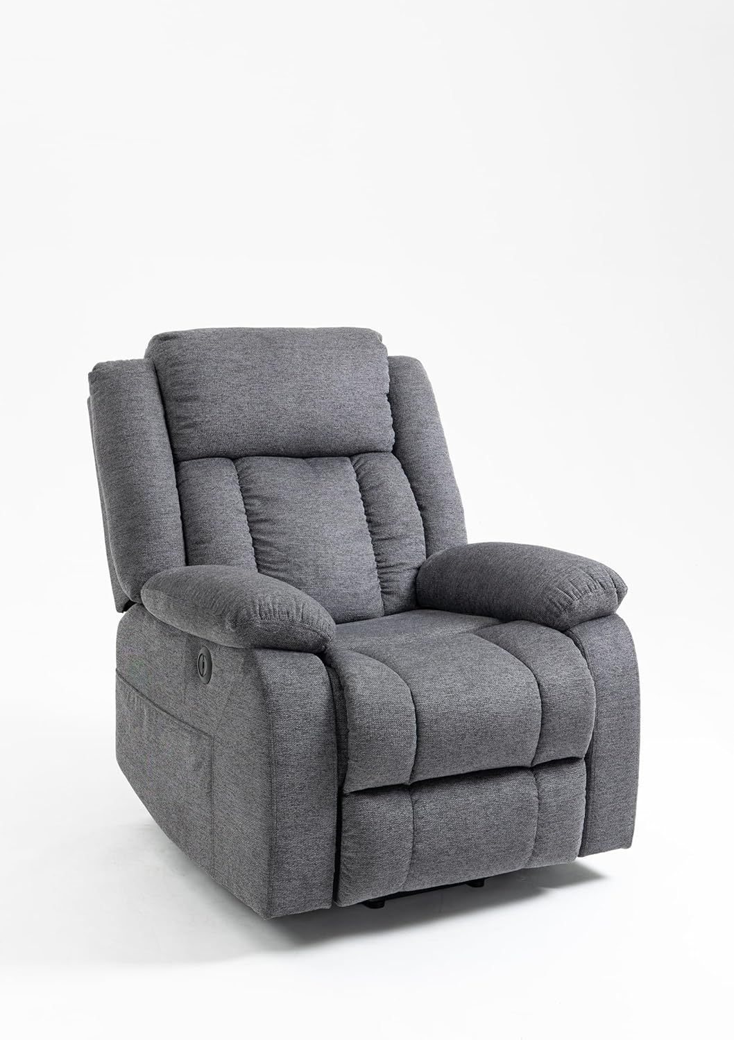 Un sillón reclinable gris con reposabrazos y respaldo acolchados sobre fondo blanco.