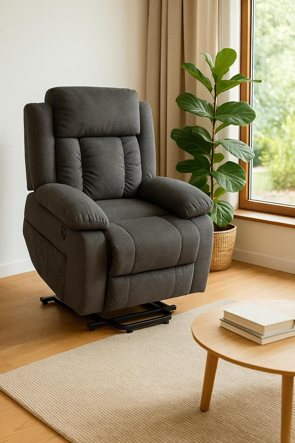 Un sillón reclinable gris con reposabrazos y respaldo acolchados se encuentra en una habitación soleada con una planta y una mesa de centro.