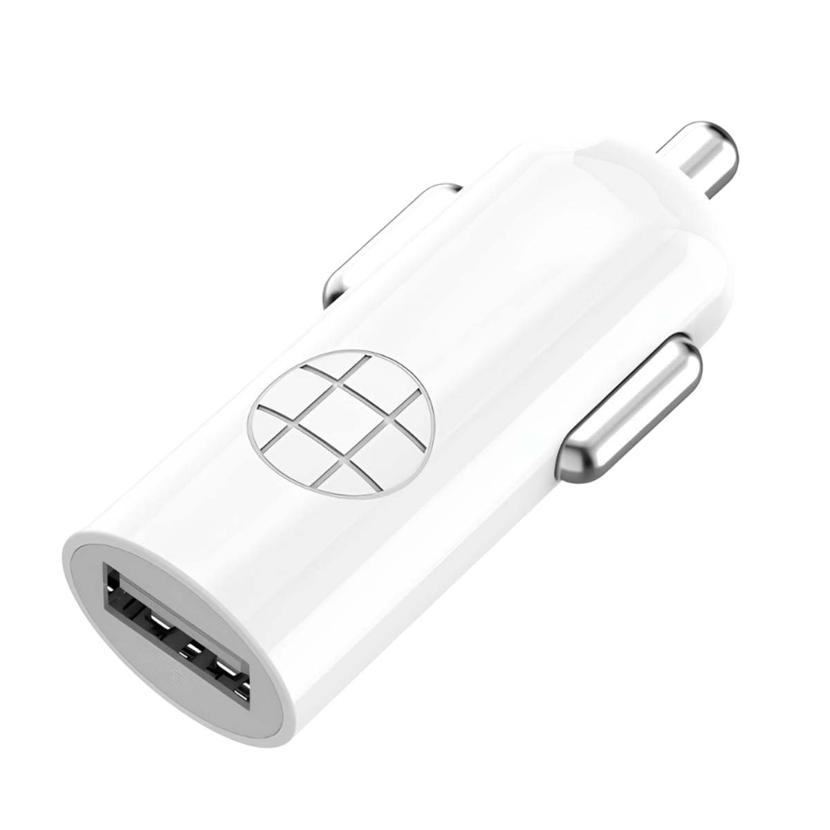Adattatore caricabatteria auto bianco con due porte USB e motivo a rombi.
