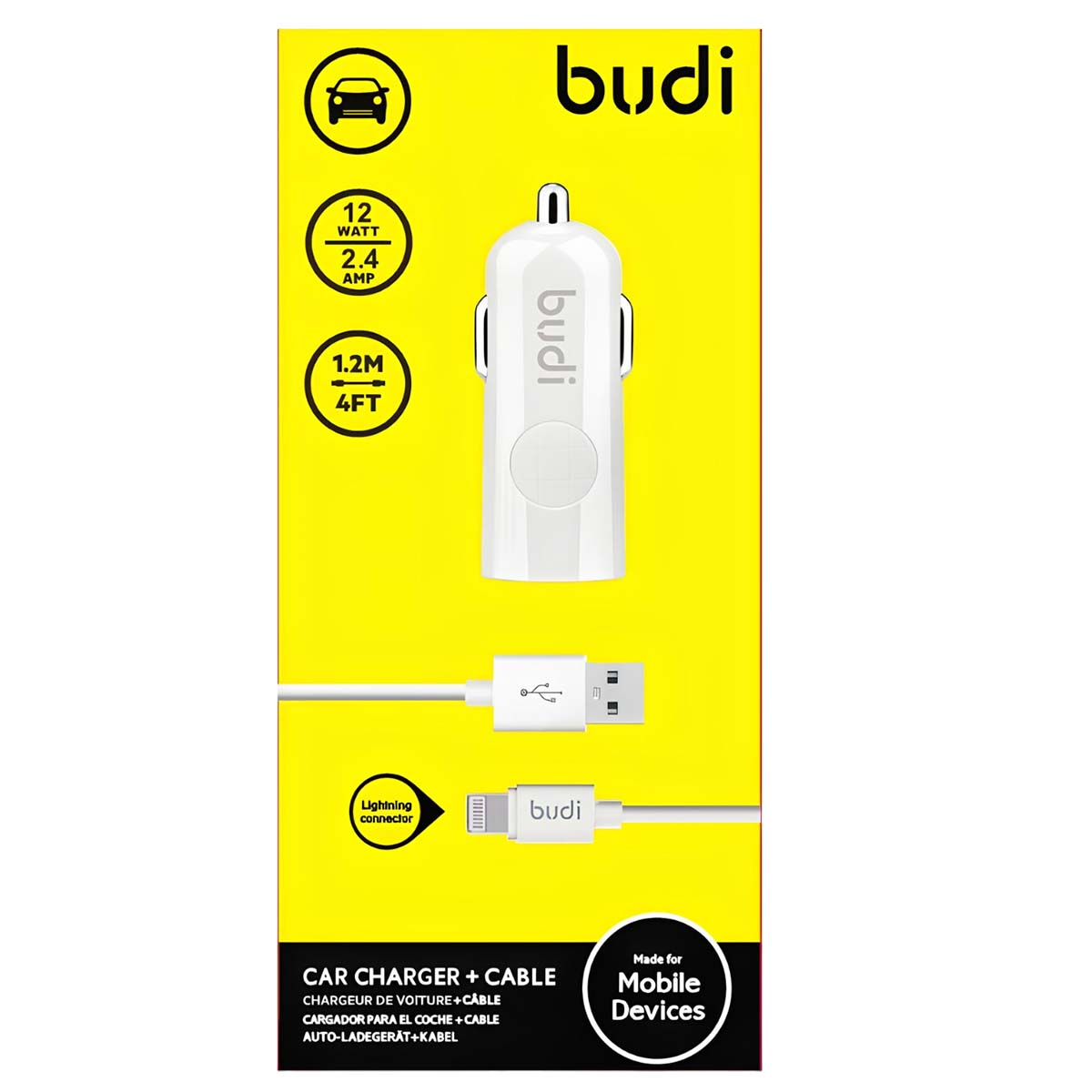 Caricabatterie auto Budi bianco con cavo, 12W, 2,4A, 1,2m.
