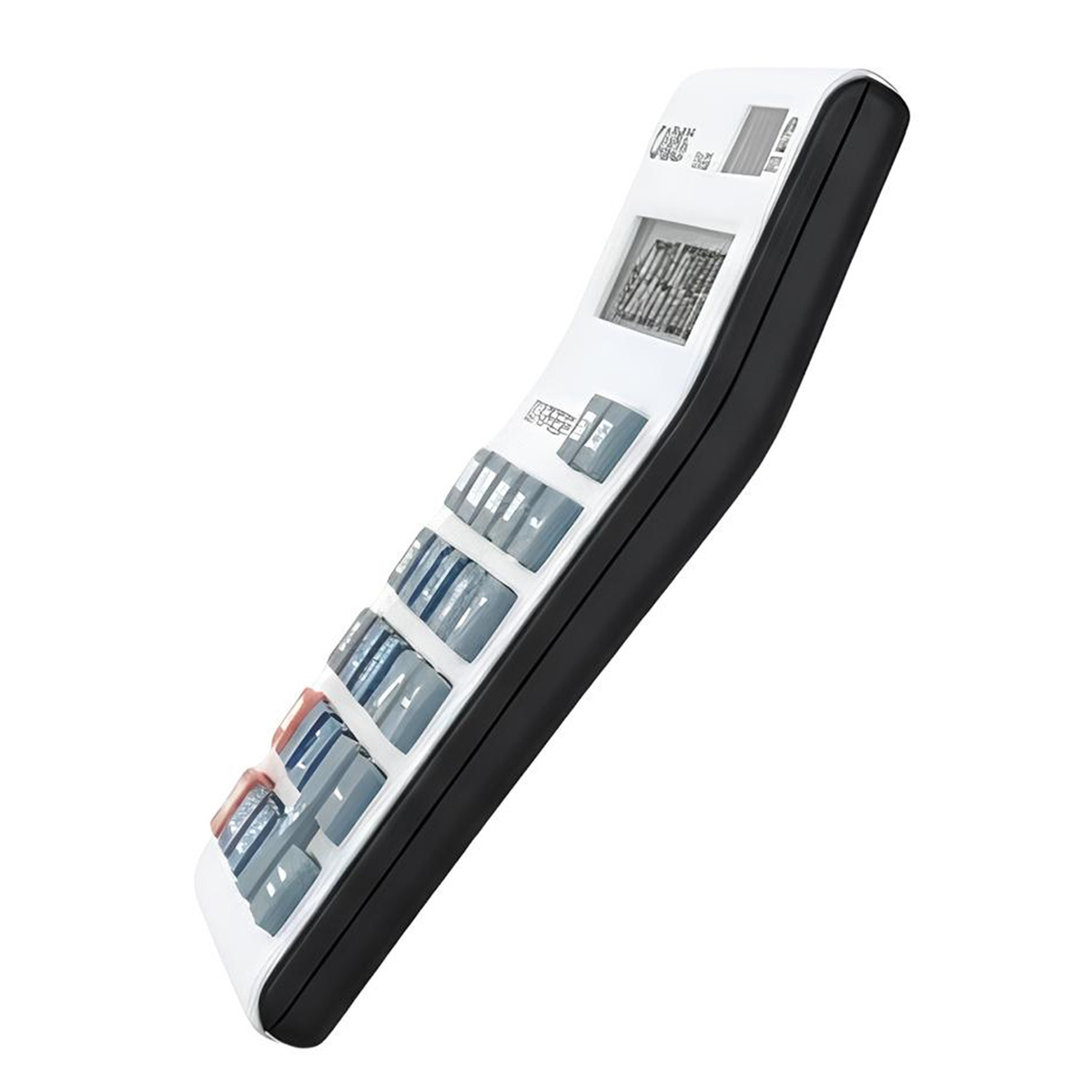 Une calculatrice blanche aux bords noirs et aux touches grises.