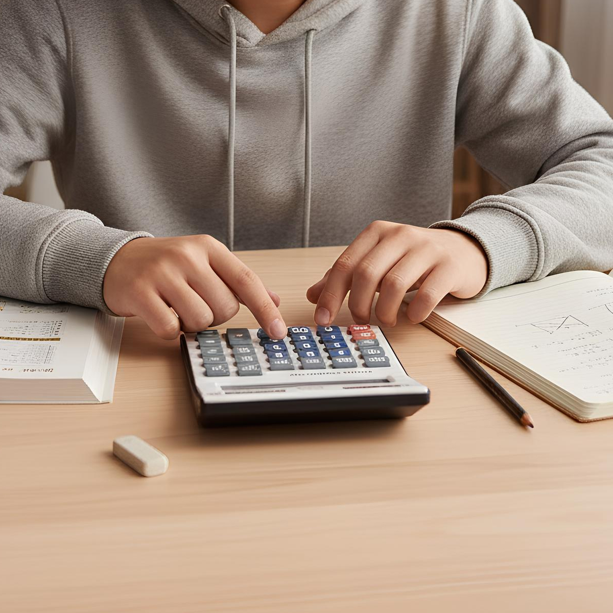 Mains utilisant une calculatrice sur un bureau en bois, à côté d'un cahier.