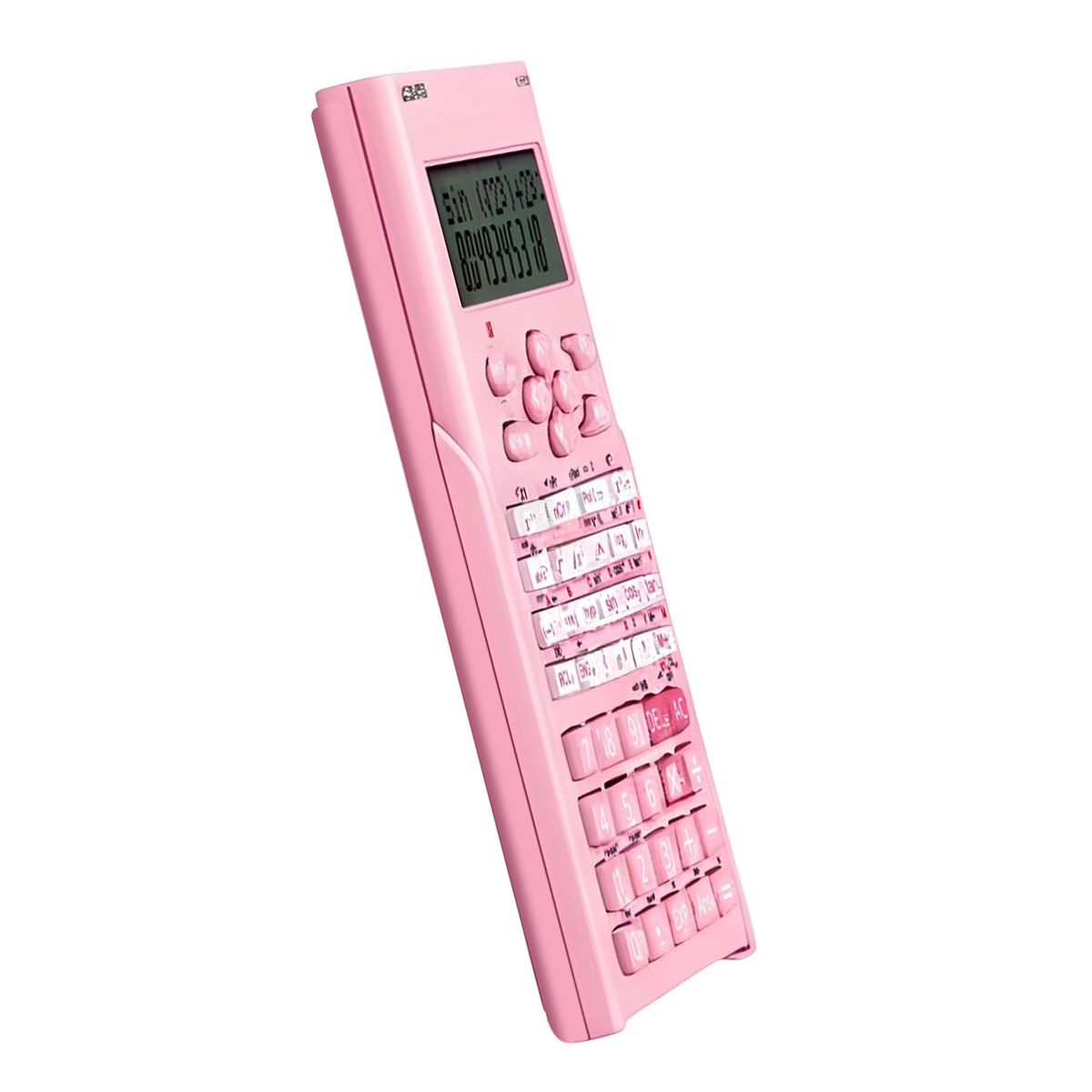 Una calculadora rosa con botones y una pantalla que muestra cálculos.