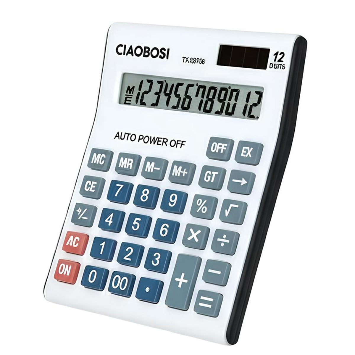 Calculatrice blanche avec panneau solaire et boutons.