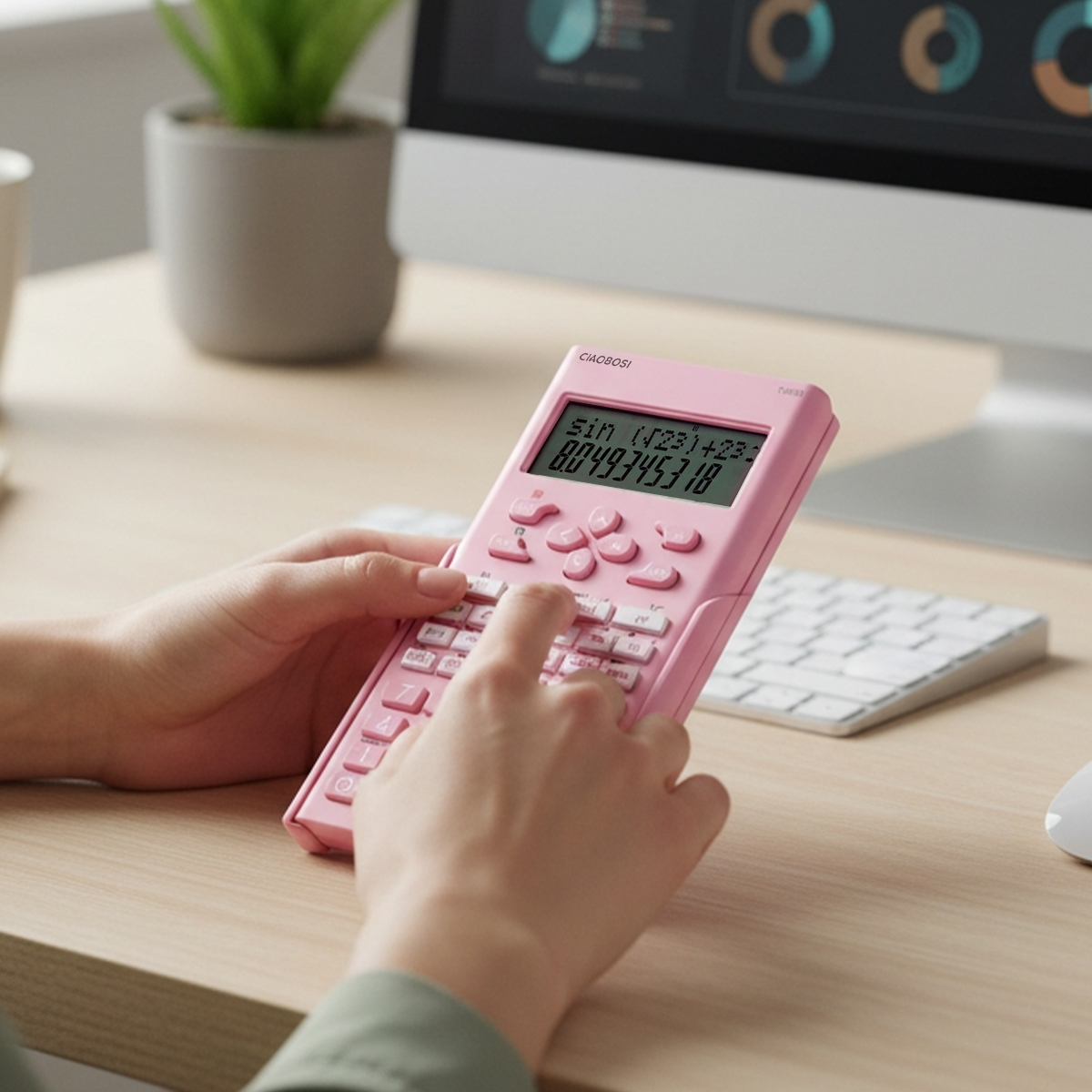 Una persona usa una calculadora rosa con ambas manos sobre un escritorio.