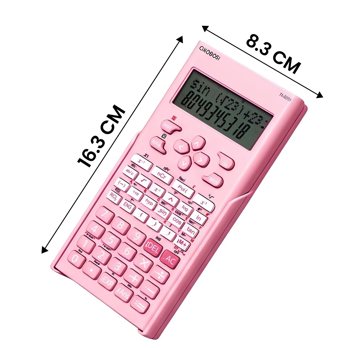 Una calculadora científica rosa con botones y pantalla LCD mostrando números.