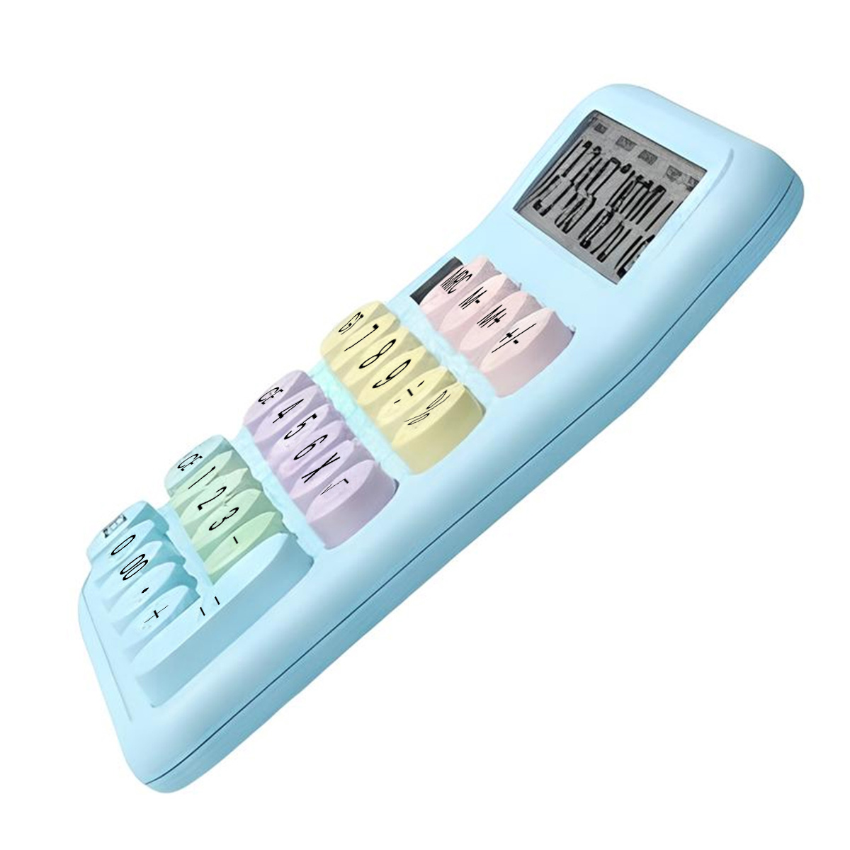 Une calculatrice pastel bleu clair avec des touches colorées et un écran LCD.