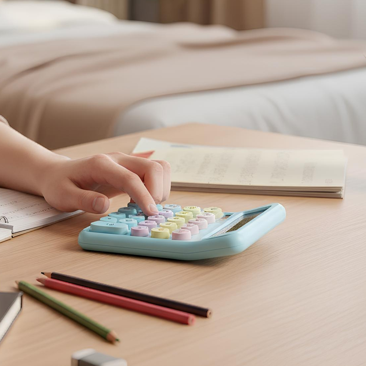 Une main utilise une calculatrice bleu clair avec des boutons colorés. Des crayons sont à proximité.
