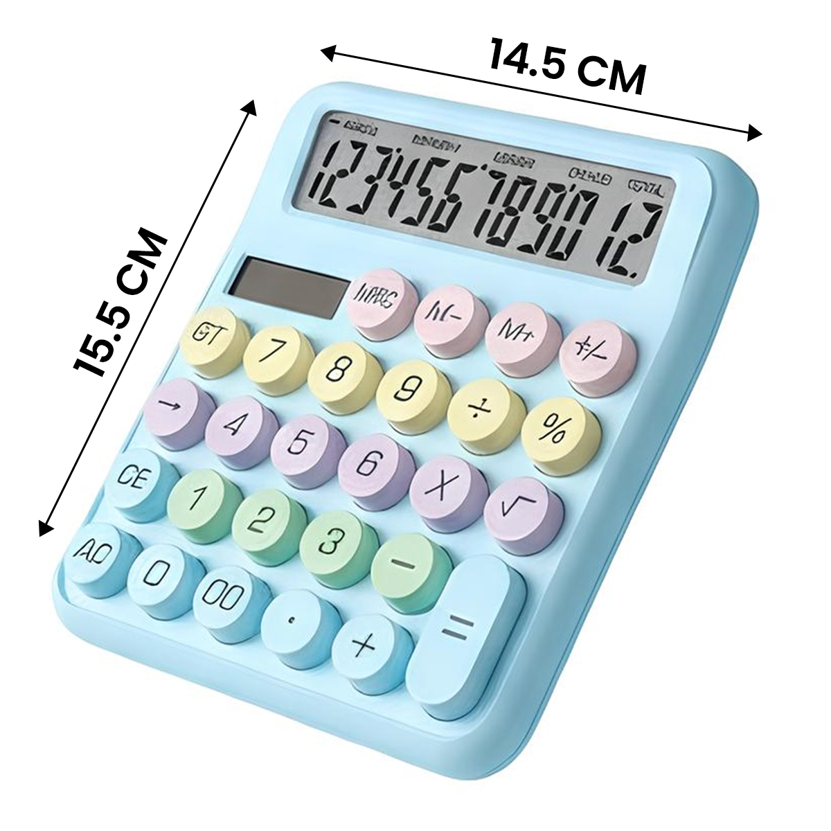 Calculatrice bleu clair avec boutons colorés et écran LCD. Mesure 15,5 x 14,5 cm.