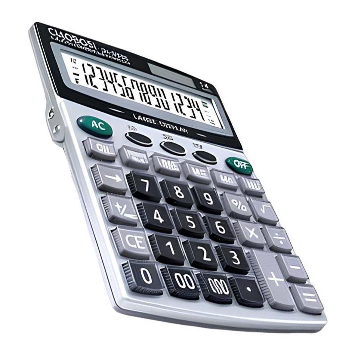 Calculatrice argentée avec clavier noir et gris. L'écran affiche des chiffres.