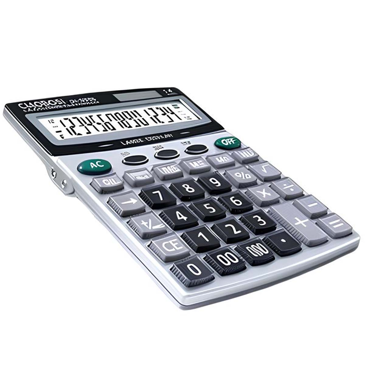 Une calculatrice argentée avec un clavier noir et gris et un écran LCD.