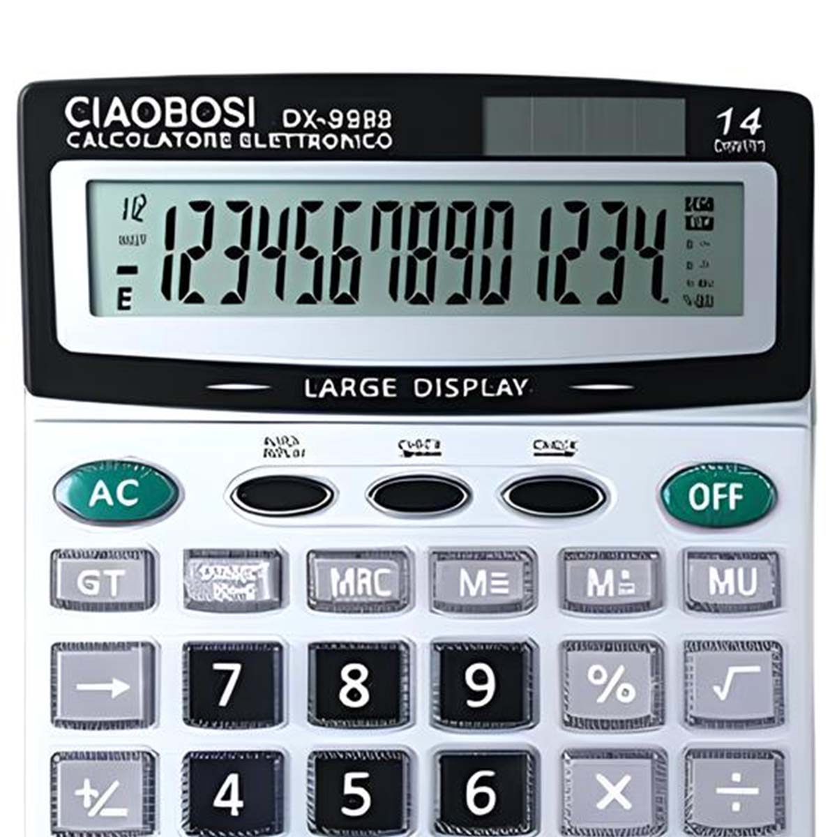 Une calculatrice blanche avec grand écran affichant des chiffres et des boutons.