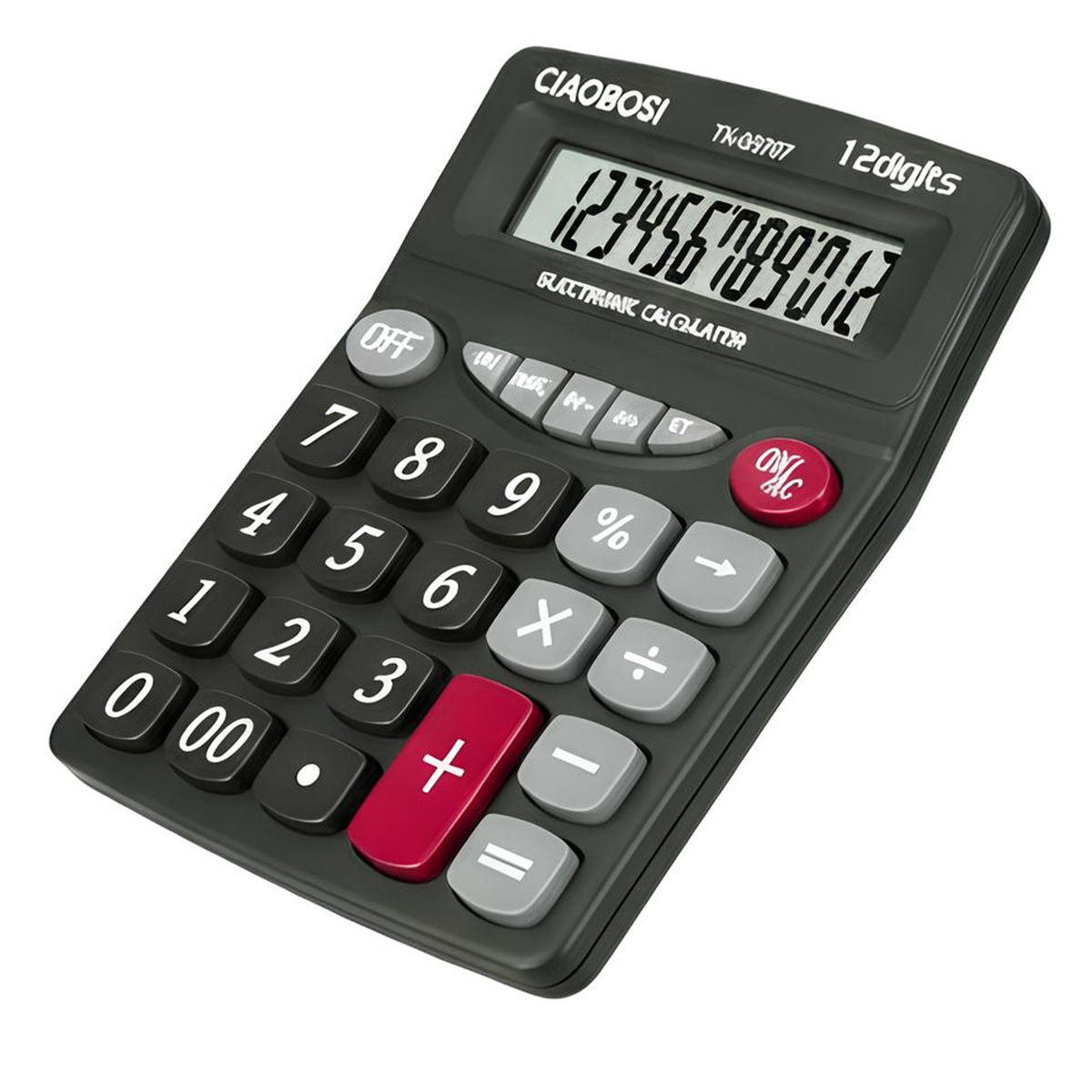 Ein schwarzer Taschenrechner mit Zifferntasten, Funktionstasten und einem Display.