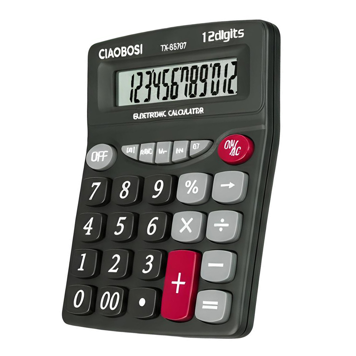 Ein schwarzer Taschenrechner mit Ziffernblock, Display und Funktionstasten.