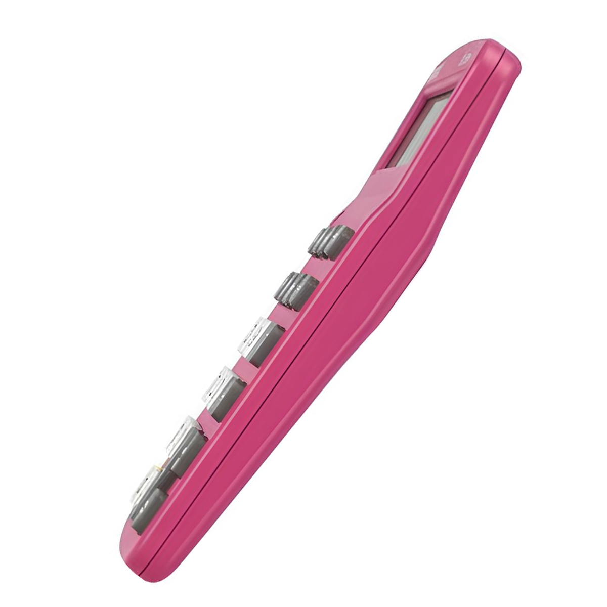 Ein pinker Taschenrechner mit einem kleinen Bildschirm und grauen Tasten.