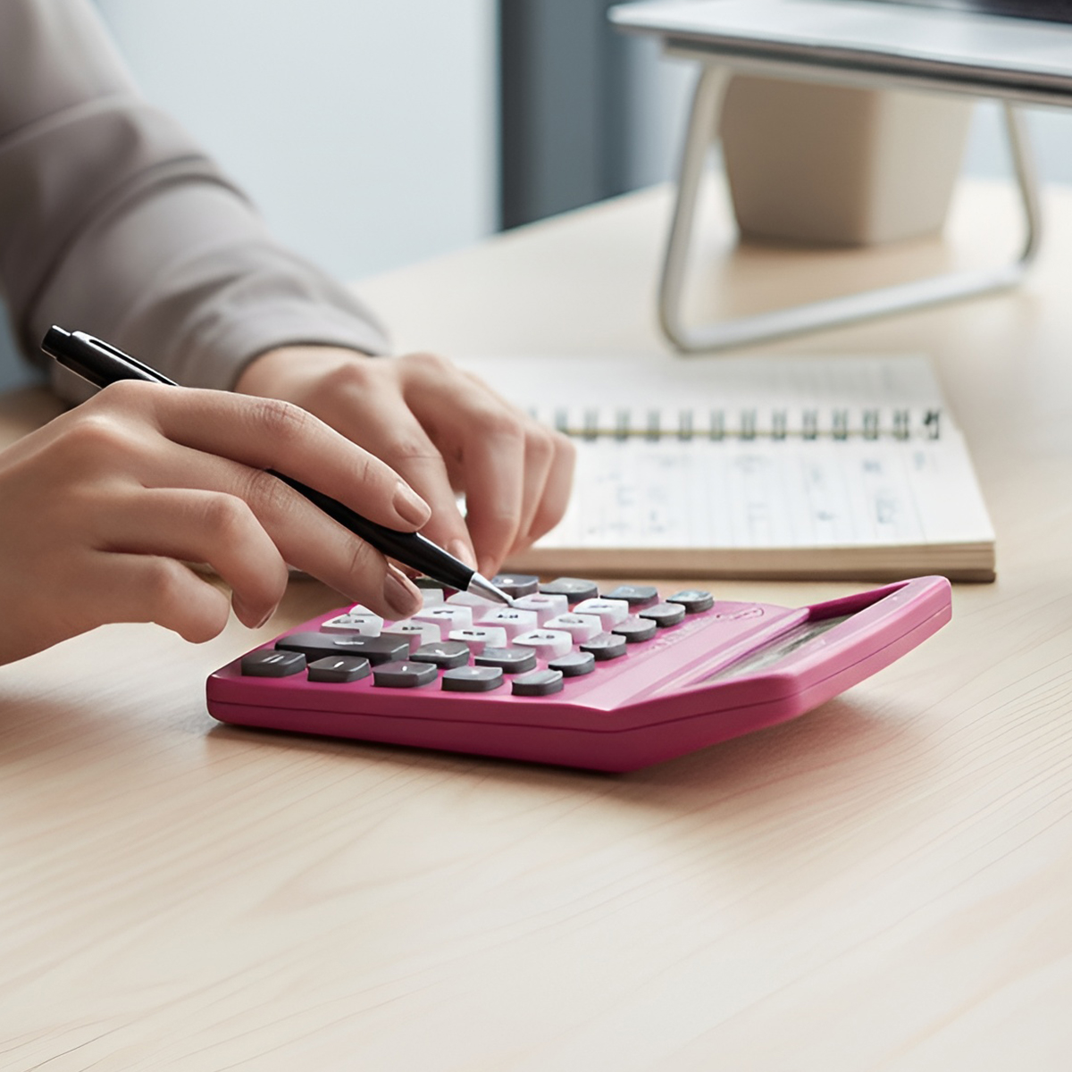 Eine Person benutzt einen pinken Taschenrechner und Stift auf einem Holztisch.