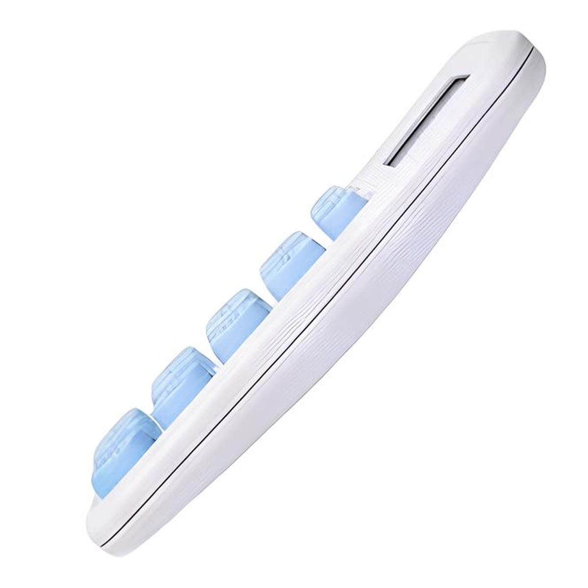 Un dispositivo bianco ed elegante con pulsanti blu su sfondo bianco.