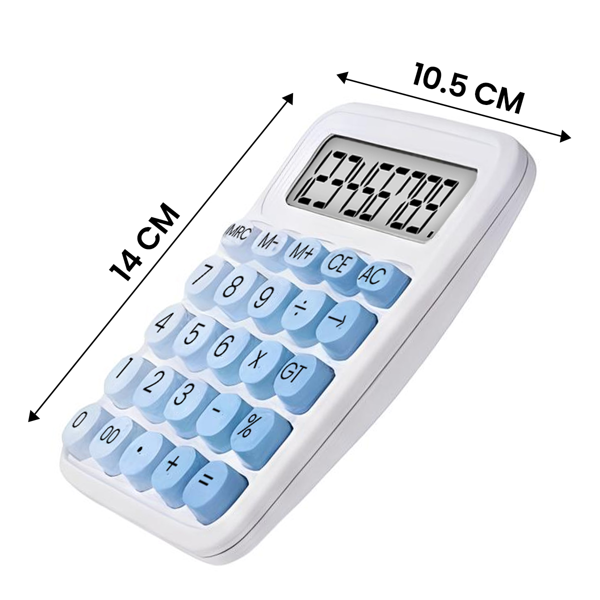 Calcolatrice bianca con tasti blu e display che mostra 123456789.