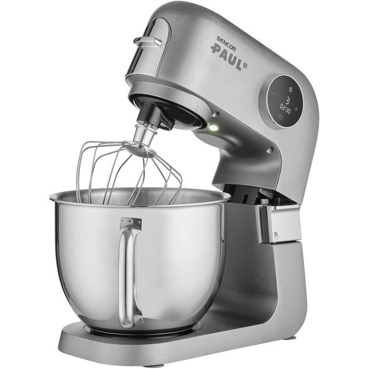 Impastatrice Sencor Paul argentata con frusta in ciotola d'acciaio inox.