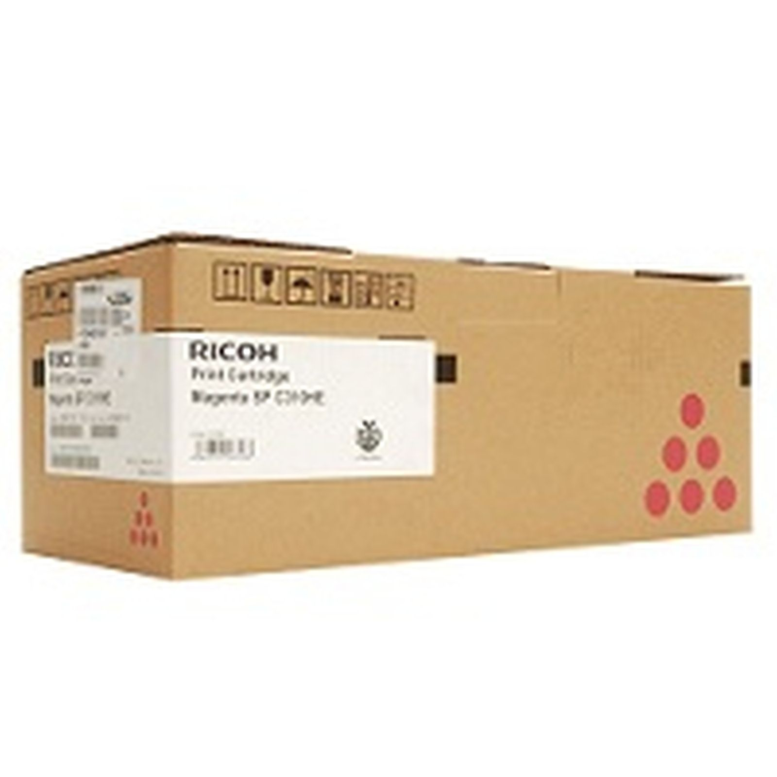 Toner Ricoh magenta, zapakowany w brązowe pudełko z etykietami.