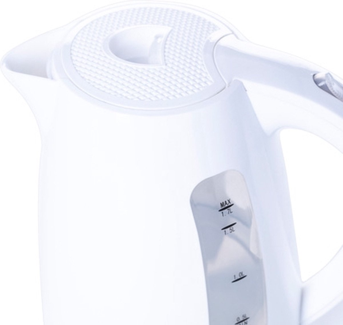 Zbliżenie białego czajnika elektrycznego ze wskaźnikiem poziomu.